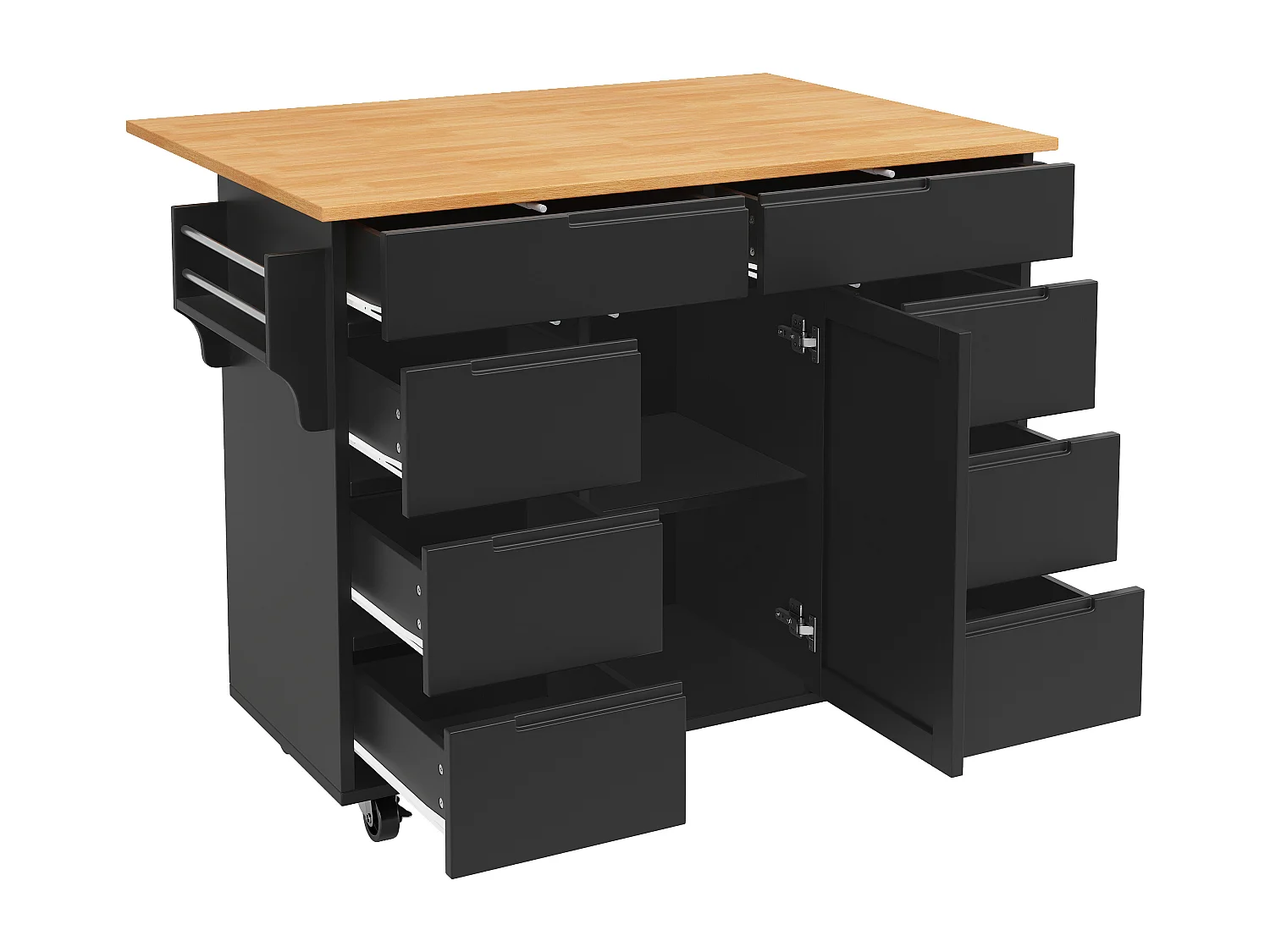 Isla de cocina negra - Isla de cocina móvil con especiero y 8 cajones - Superficie extensible