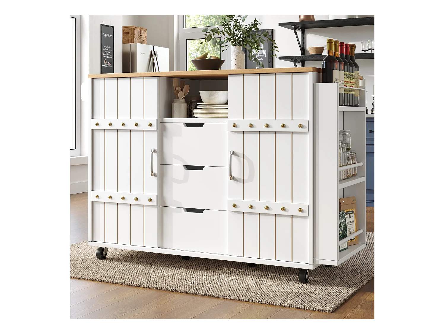 Mobilny wózek kuchenny - Biała wyspa kuchenna z przesuwanymi drzwiami i kółkami - składany blat - 3 szuflady