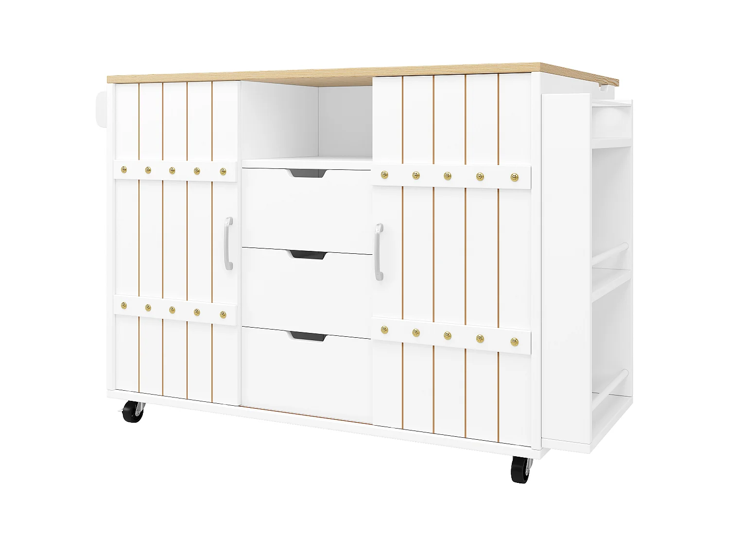 Mobilny wózek kuchenny - Biała wyspa kuchenna z przesuwanymi drzwiami i kółkami - składany blat - 3 szuflady