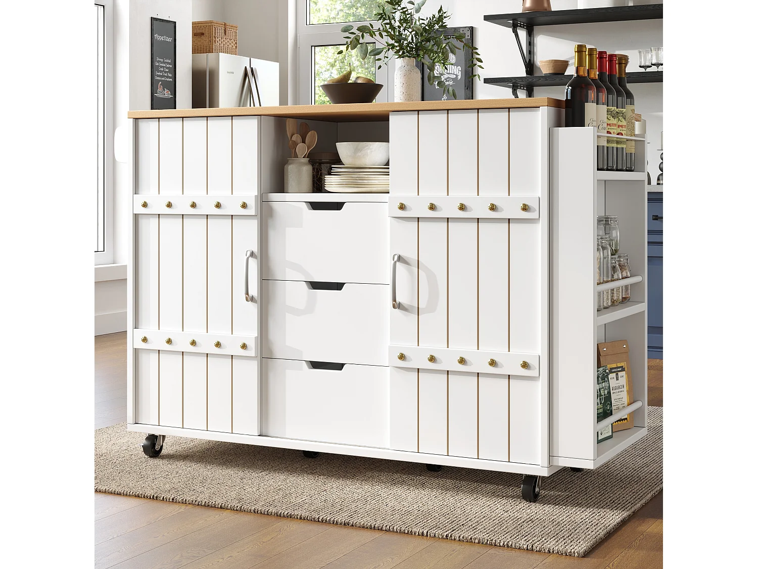 Isola cucina mobile - Isola cucina bianca con porta scorrevole e ruote - piano di lavoro pieghevole - 3 cassetti