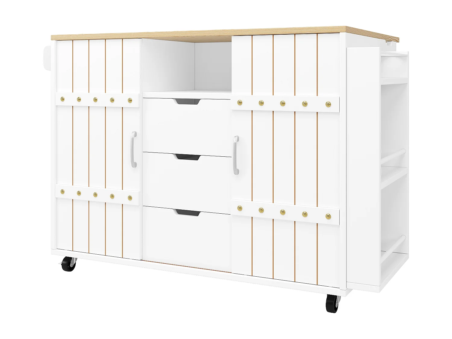 Isola cucina mobile - Isola cucina bianca con porta scorrevole e ruote - piano di lavoro pieghevole - 3 cassetti