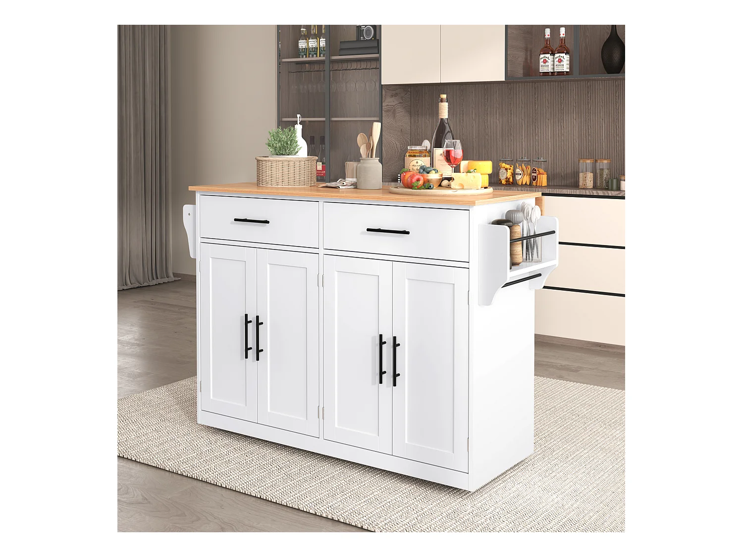 Desserte de cuisine blanc - Îlot de cuisine avec roulettes et pieds en bois - plateau rabattable - 2 tiroirs et 4 portes