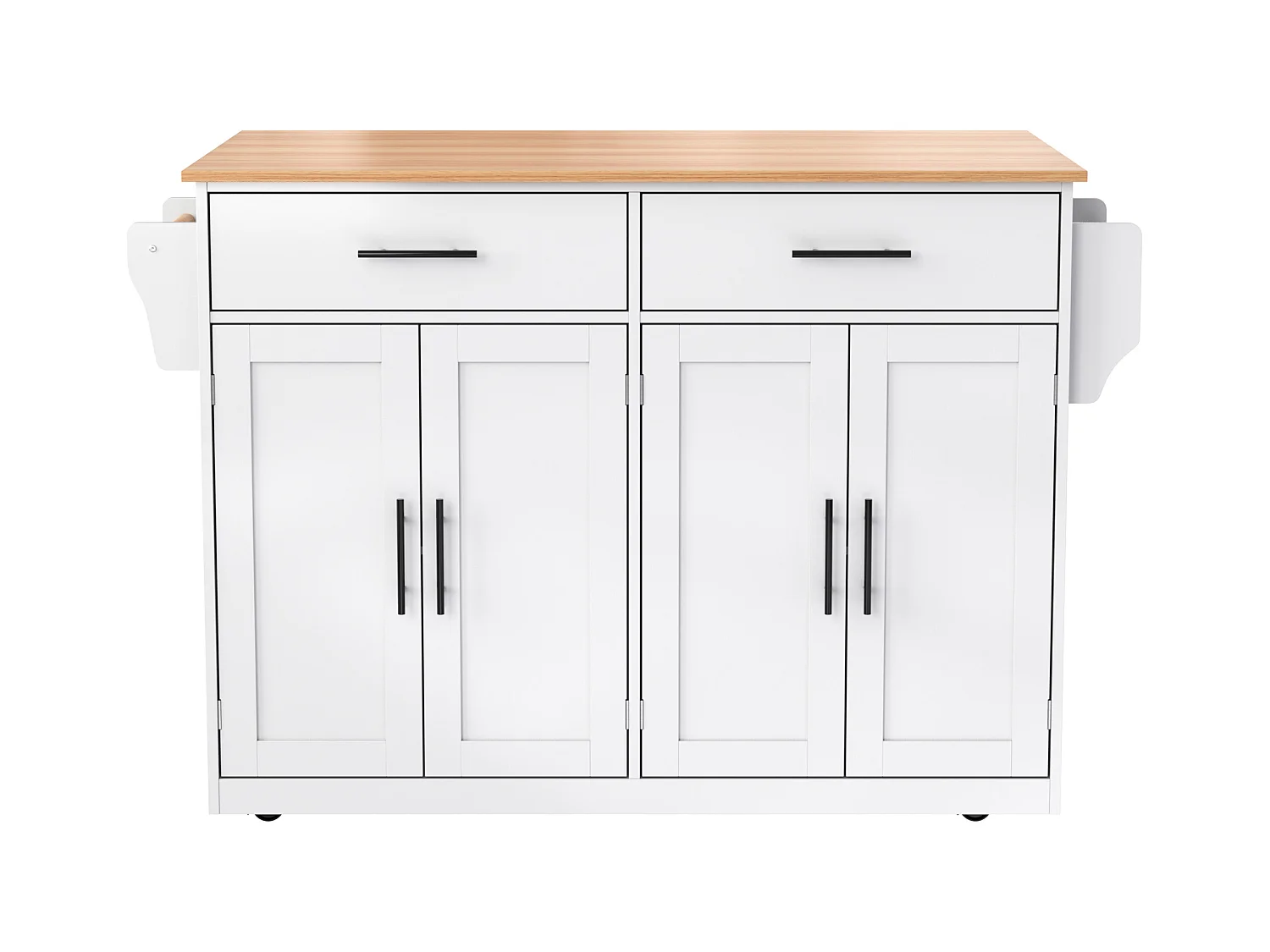 Desserte de cuisine blanc - Îlot de cuisine avec roulettes et pieds en bois - plateau rabattable - 2 tiroirs et 4 portes