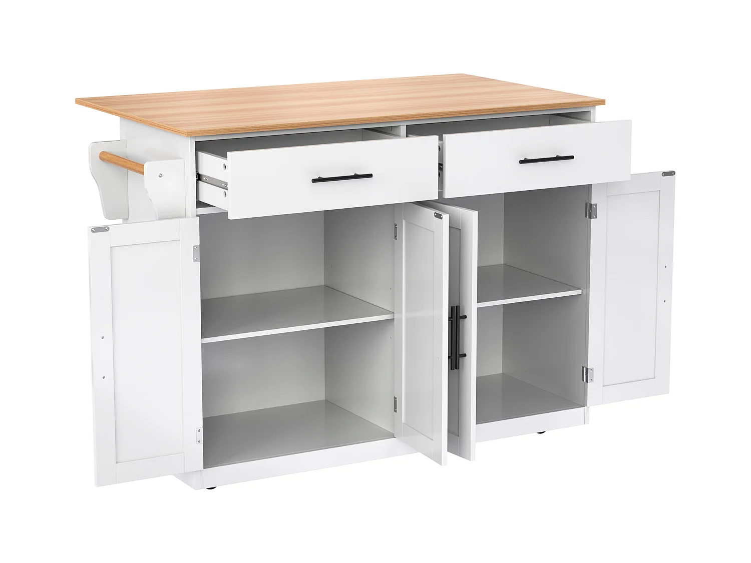 Desserte de cuisine blanc - Îlot de cuisine avec roulettes et pieds en bois - plateau rabattable - 2 tiroirs et 4 portes