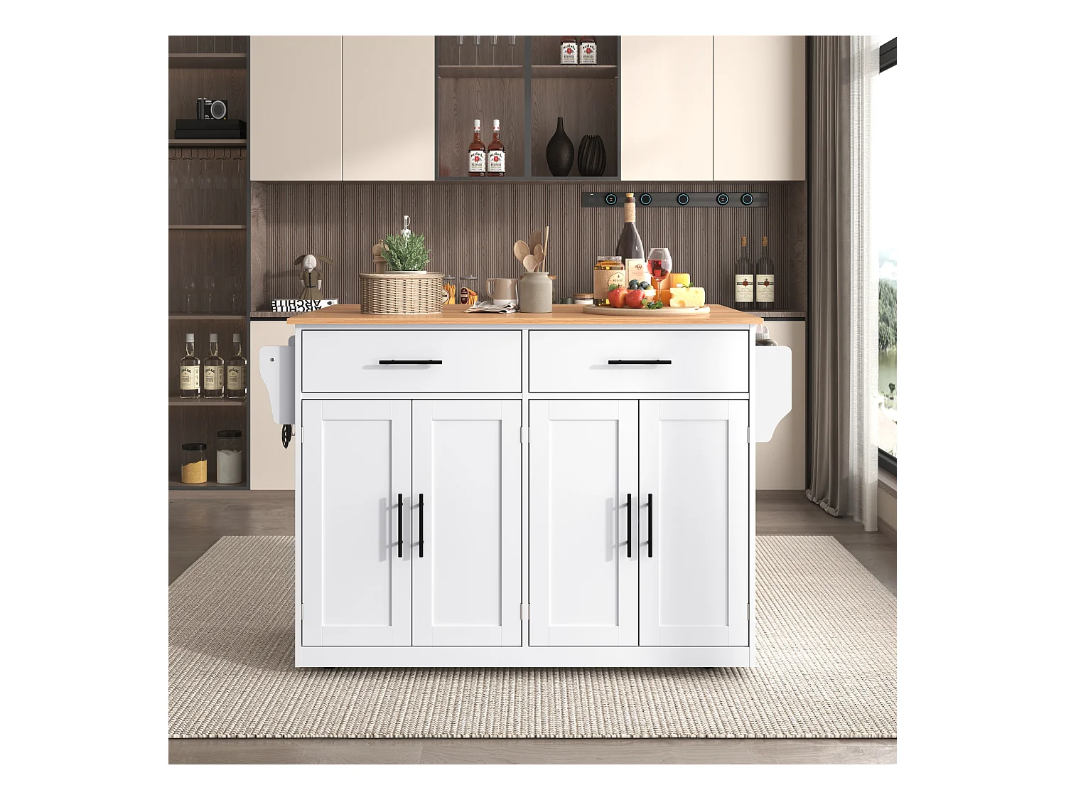 Desserte de cuisine blanc - Îlot de cuisine avec roulettes et pieds en bois - plateau rabattable - 2 tiroirs et 4 portes