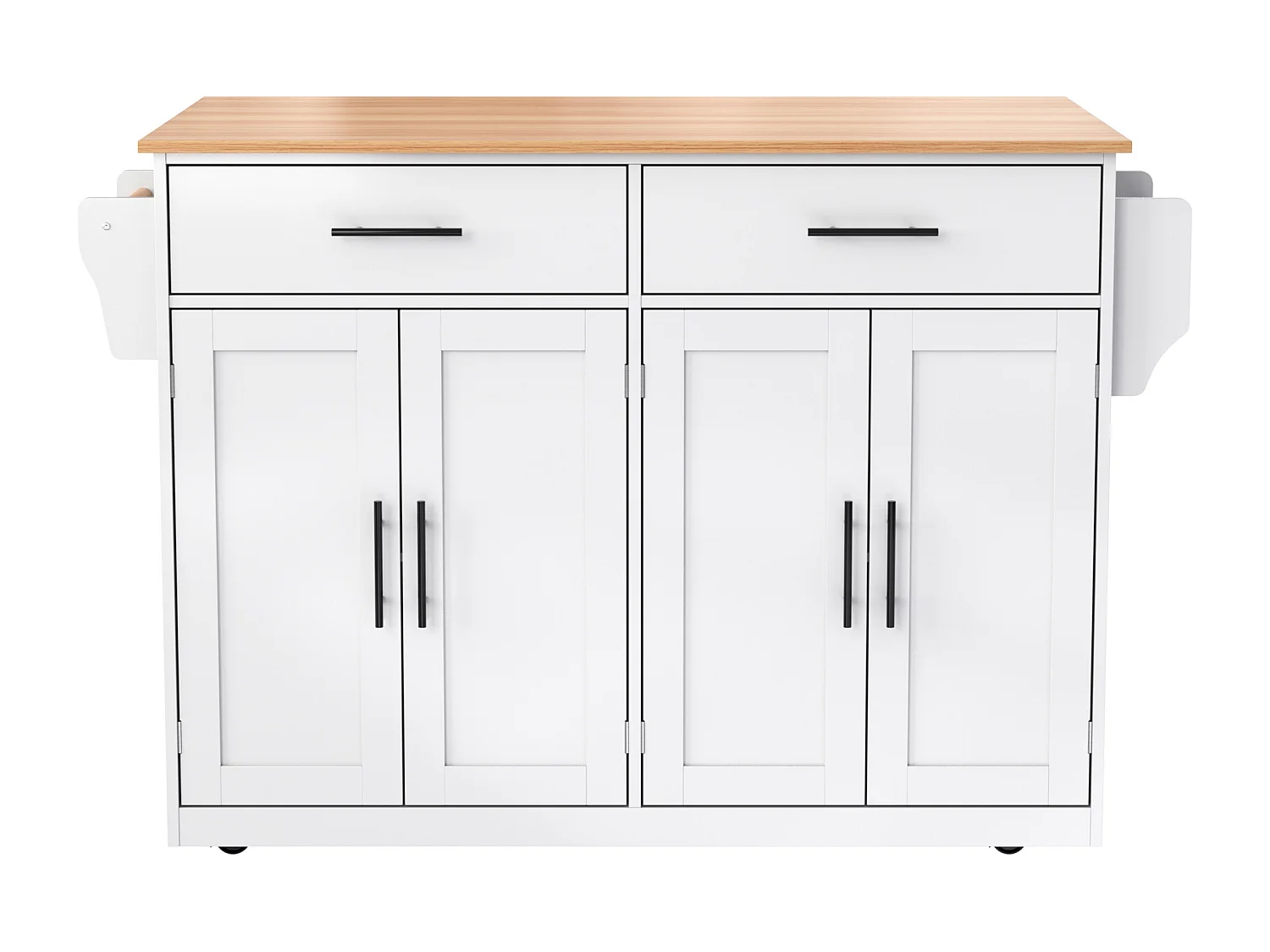 Desserte de cuisine blanc - Îlot de cuisine avec roulettes et pieds en bois - plateau rabattable - 2 tiroirs et 4 portes