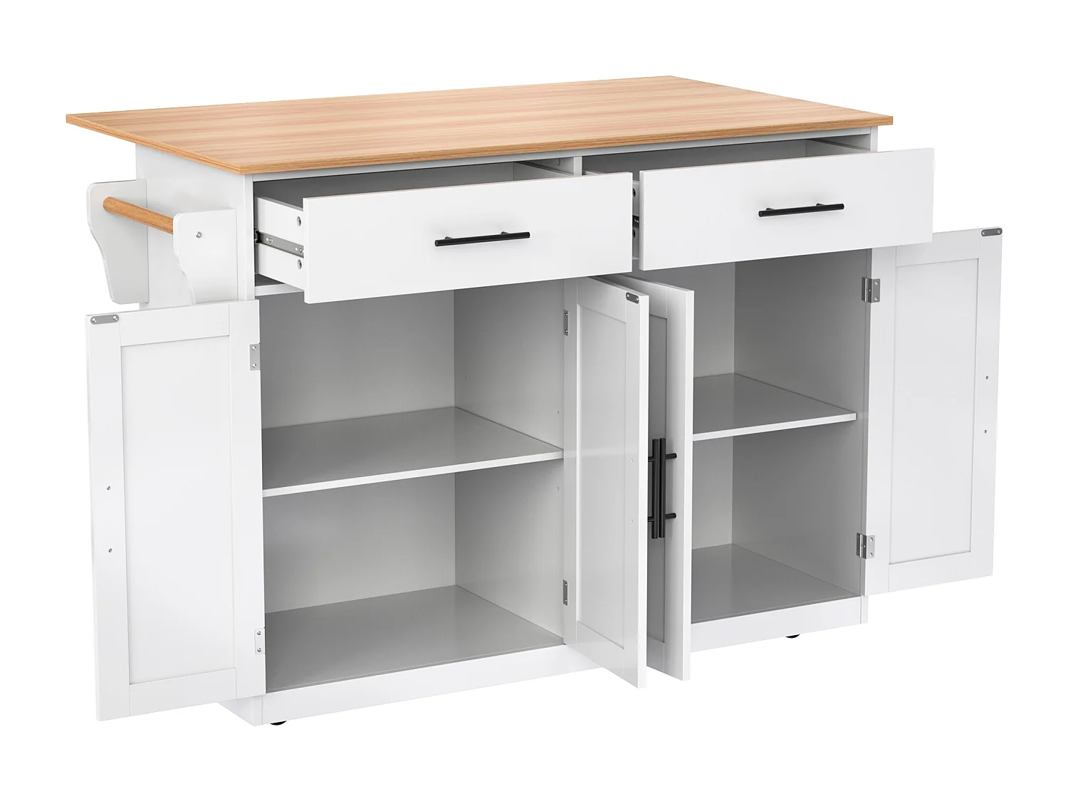 Desserte de cuisine blanc - Îlot de cuisine avec roulettes et pieds en bois - plateau rabattable - 2 tiroirs et 4 portes