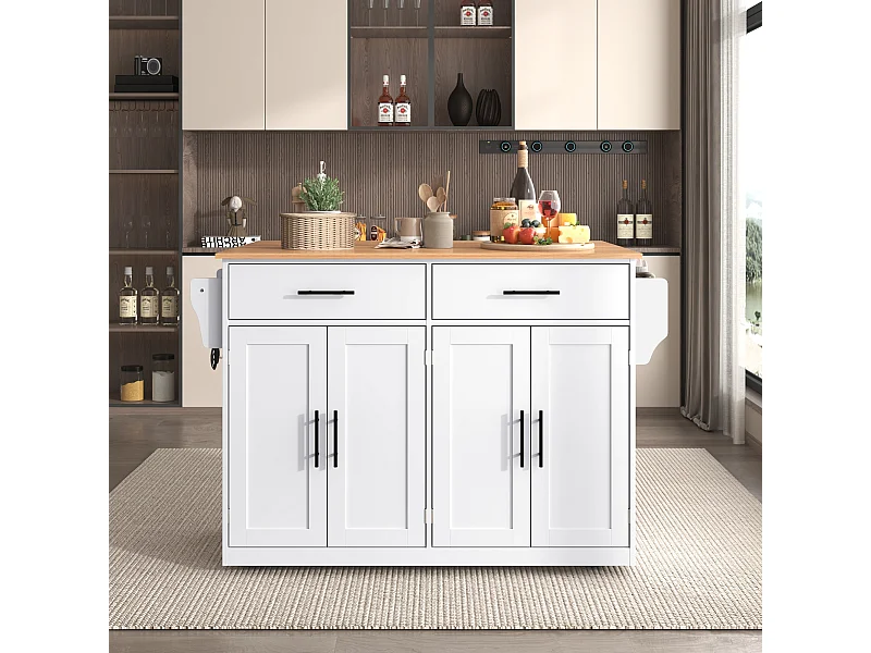 Desserte de cuisine blanc - Îlot de cuisine avec roulettes et pieds en bois - plateau rabattable - 2 tiroirs et 4 portes