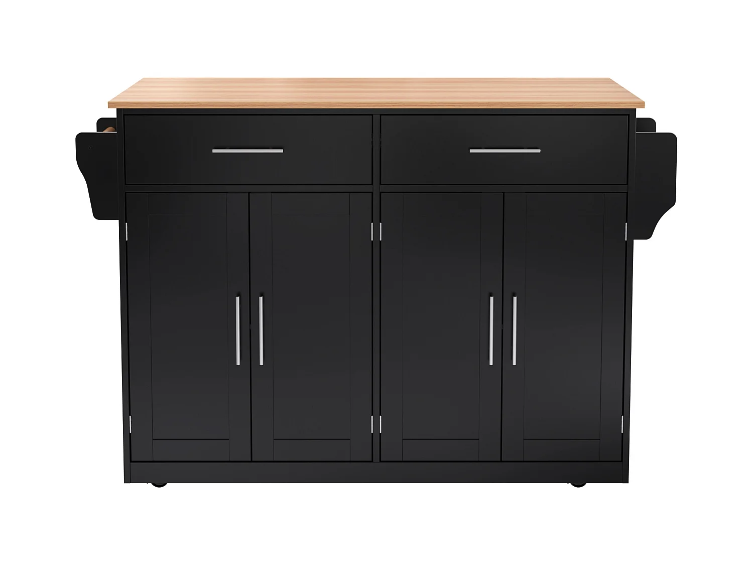 Desserte de cuisine noir - Îlot de cuisine avec roulettes et pieds en bois - plateau rabattable - 2 tiroirs et 4 portes