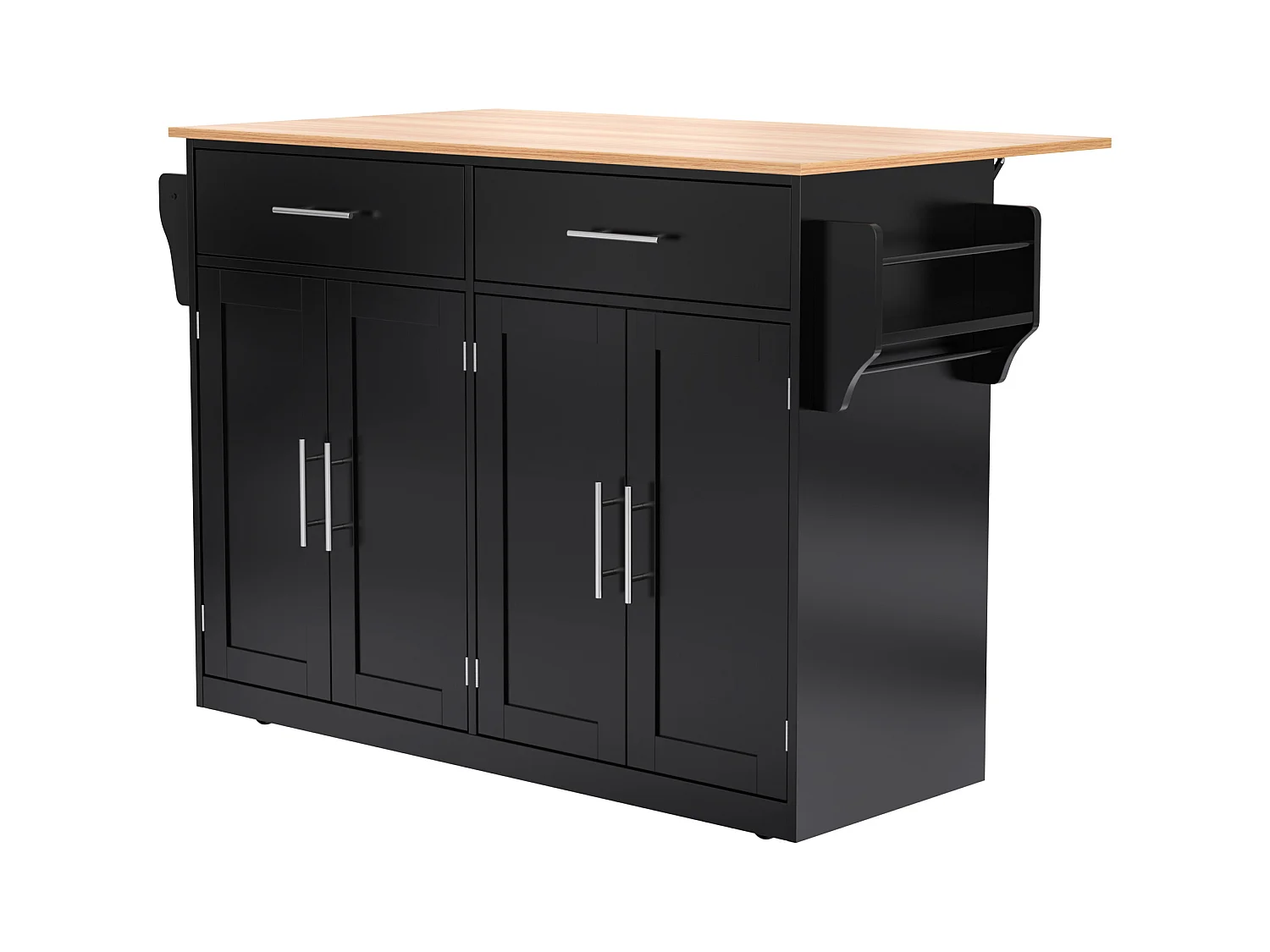 Desserte de cuisine noir - Îlot de cuisine avec roulettes et pieds en bois - plateau rabattable - 2 tiroirs et 4 portes