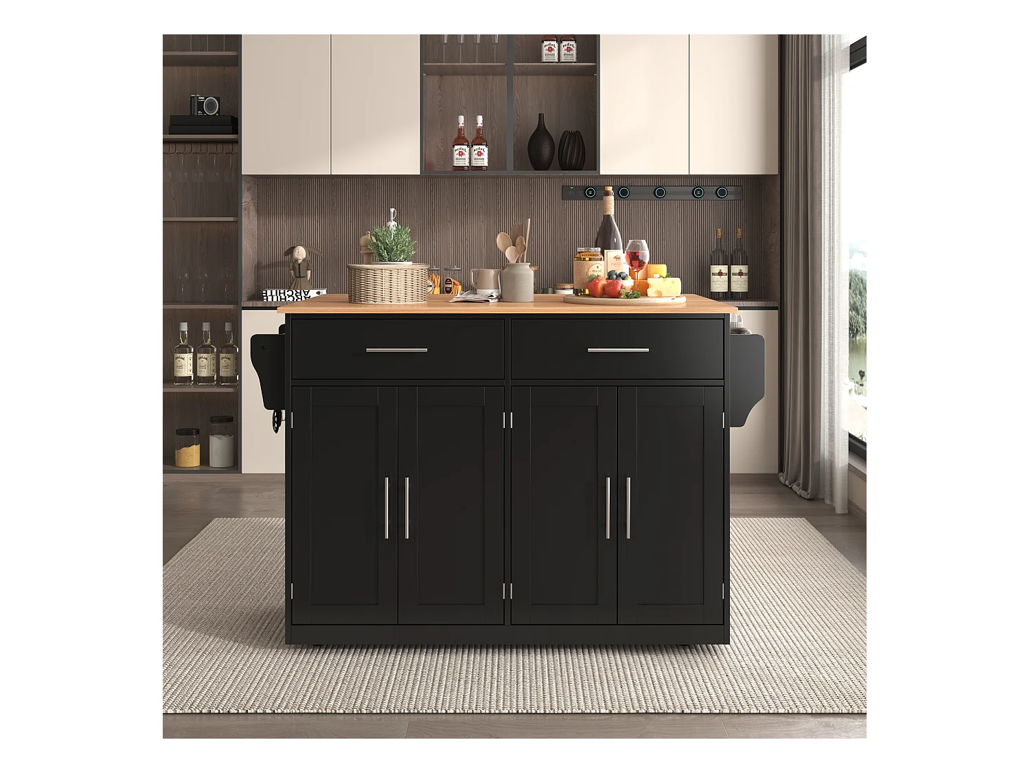 Isla de cocina negra - Isla de cocina con ruedas y patas de madera - encimera abatible - 2 cajones y 4 puertas