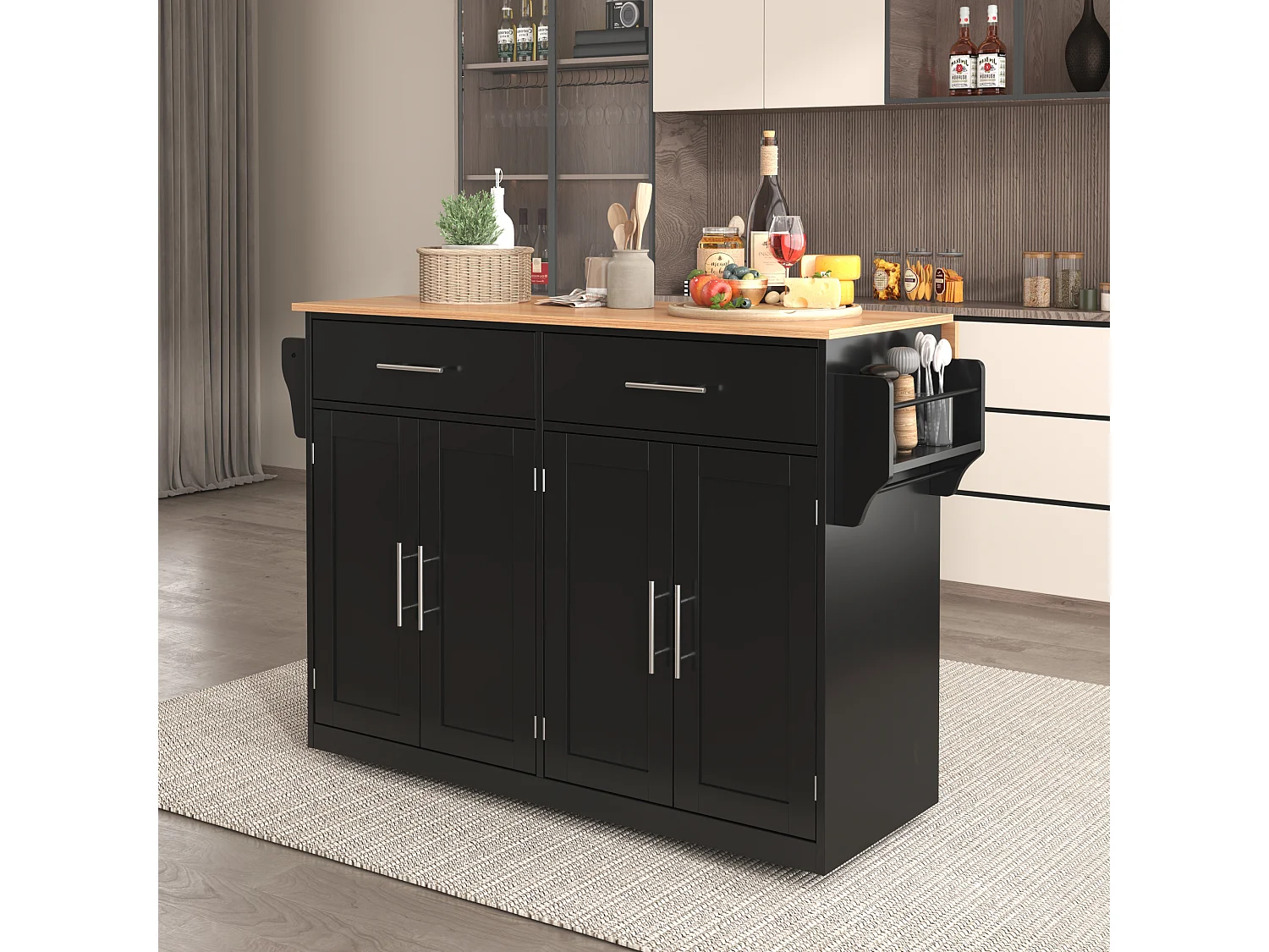 Desserte de cuisine noir - Îlot de cuisine avec roulettes et pieds en bois - plateau rabattable - 2 tiroirs et 4 portes