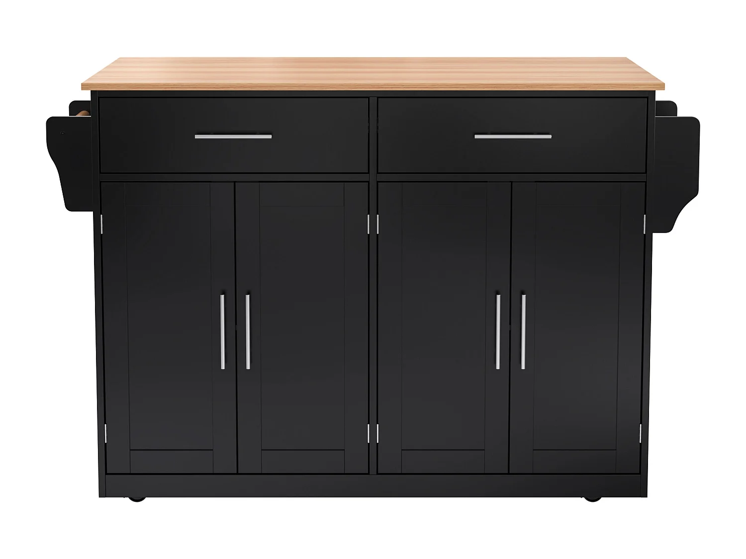 Desserte de cuisine noir - Îlot de cuisine avec roulettes et pieds en bois - plateau rabattable - 2 tiroirs et 4 portes