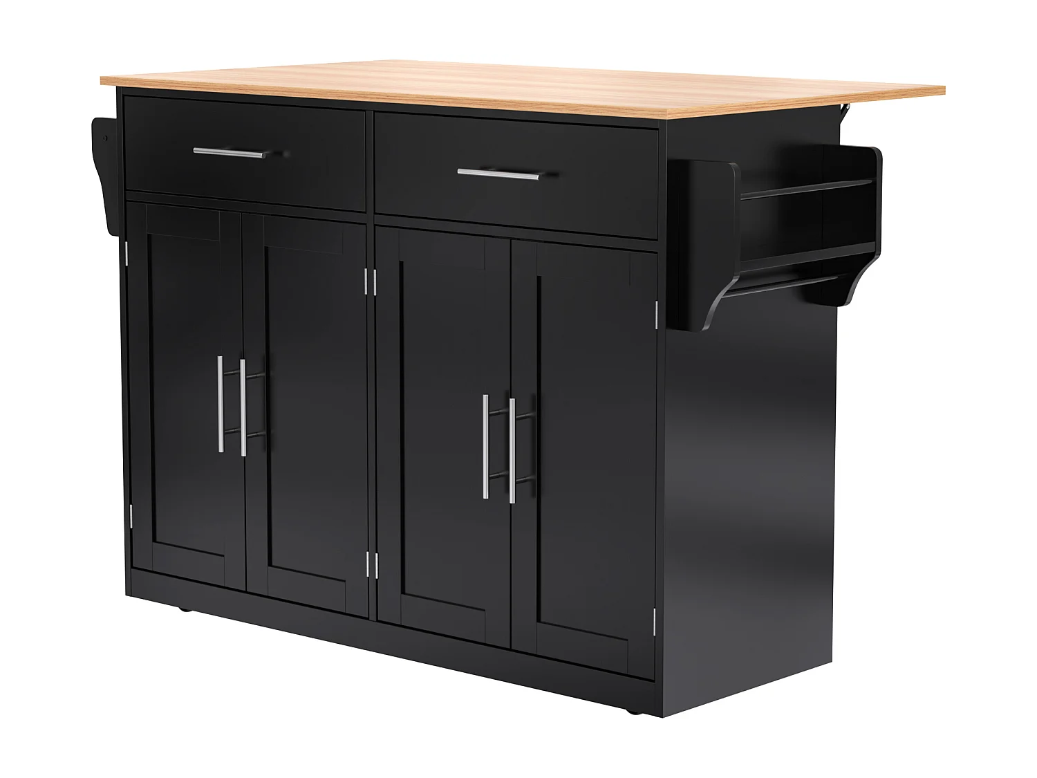 Desserte de cuisine noir - Îlot de cuisine avec roulettes et pieds en bois - plateau rabattable - 2 tiroirs et 4 portes