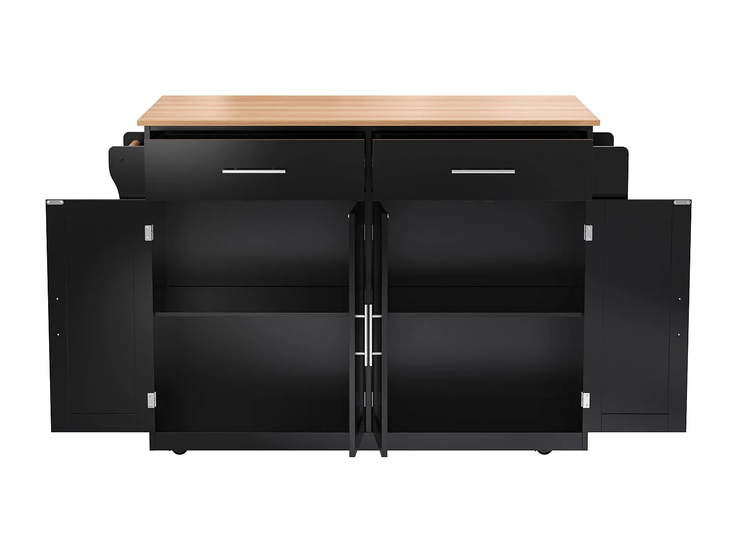 Desserte de cuisine noir - Îlot de cuisine avec roulettes et pieds en bois - plateau rabattable - 2 tiroirs et 4 portes