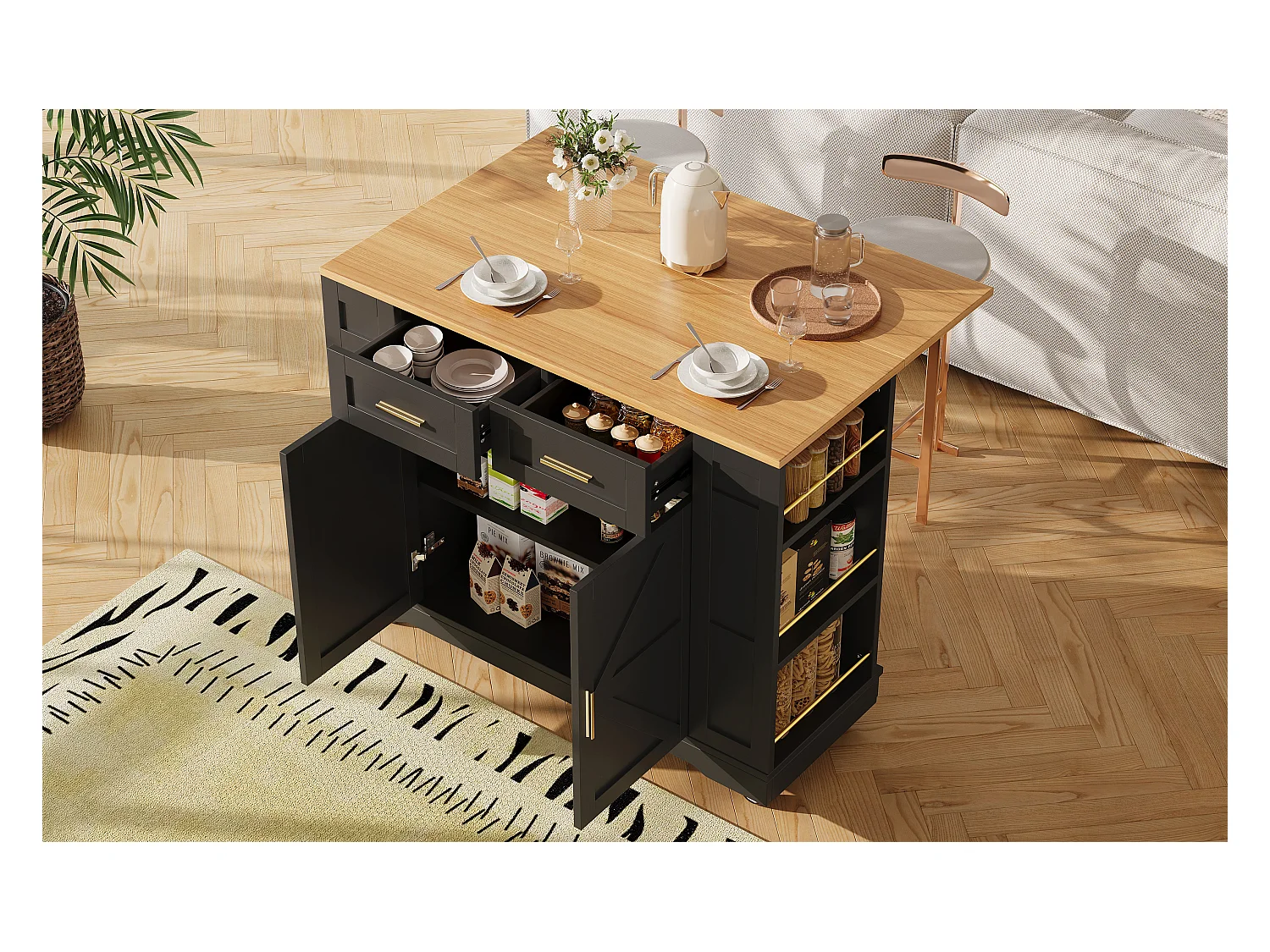 Îlot de cuisine à roulettes - 120 x 65 x 90 cm - desserte avec meubles extensibles - 2 portes + 2 tirois - MDF - noir