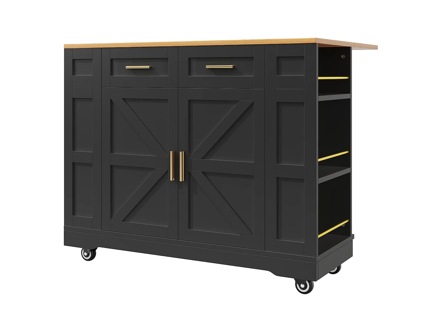 Îlot de cuisine à roulettes - 120 x 65 x 90 cm - desserte avec meubles extensibles - 2 portes + 2 tirois - MDF - noir