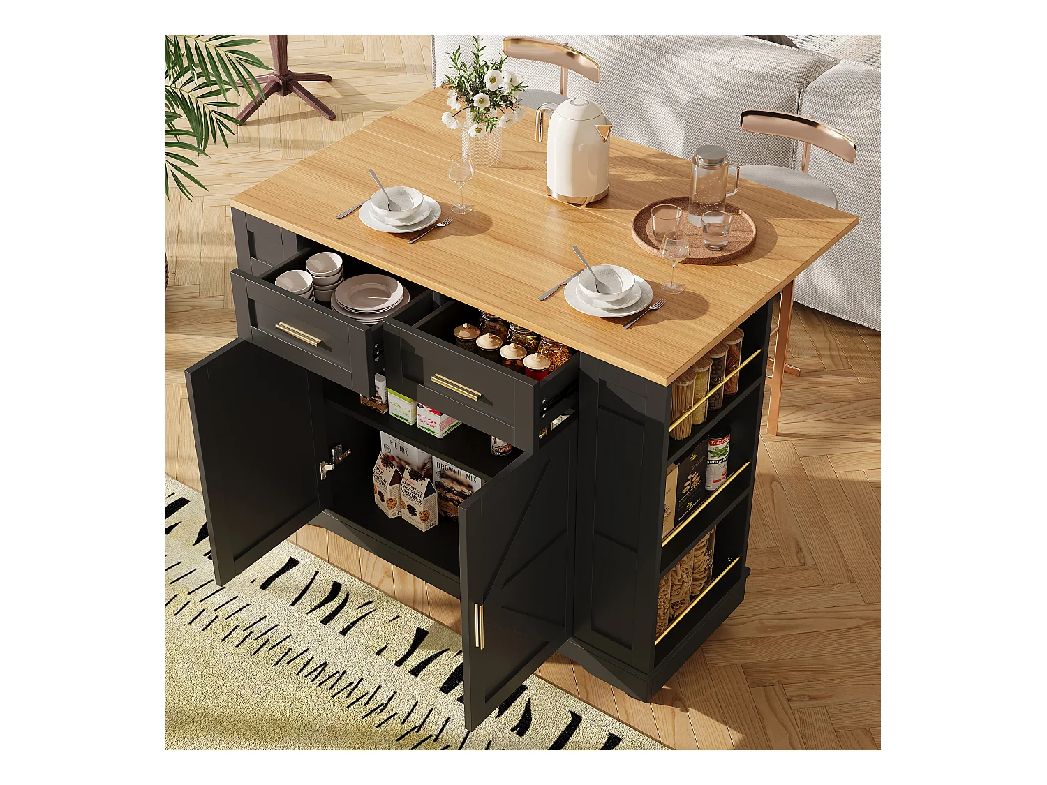 Îlot de cuisine à roulettes - 120 x 65 x 90 cm - desserte avec meubles extensibles - 2 portes + 2 tirois - MDF - noir