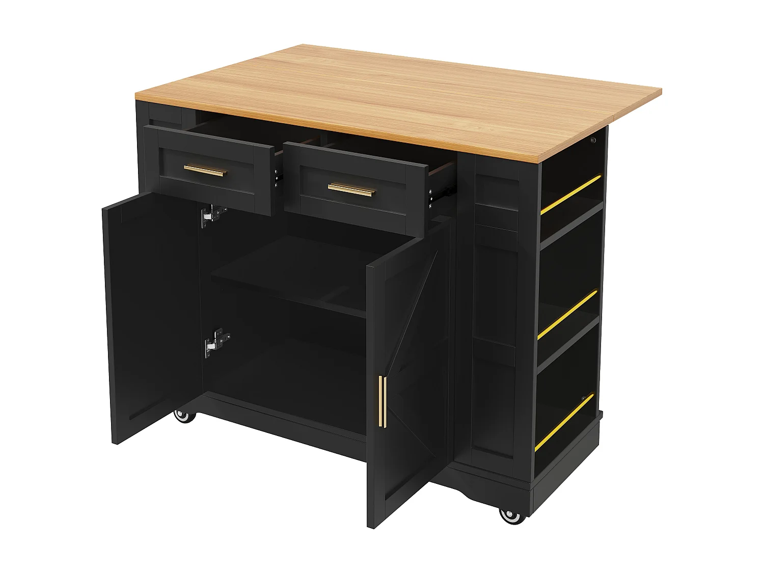 Îlot de cuisine à roulettes - 120 x 65 x 90 cm - desserte avec meubles extensibles - 2 portes + 2 tirois - MDF - noir