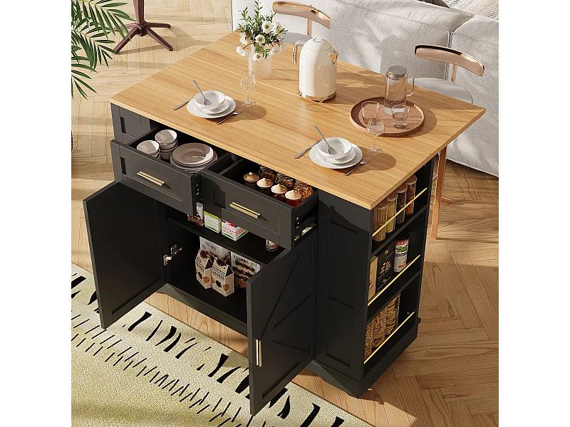 Îlot de cuisine à roulettes - 120 x 65 x 90 cm - desserte avec meubles extensibles - 2 portes + 2 tirois - MDF - noir