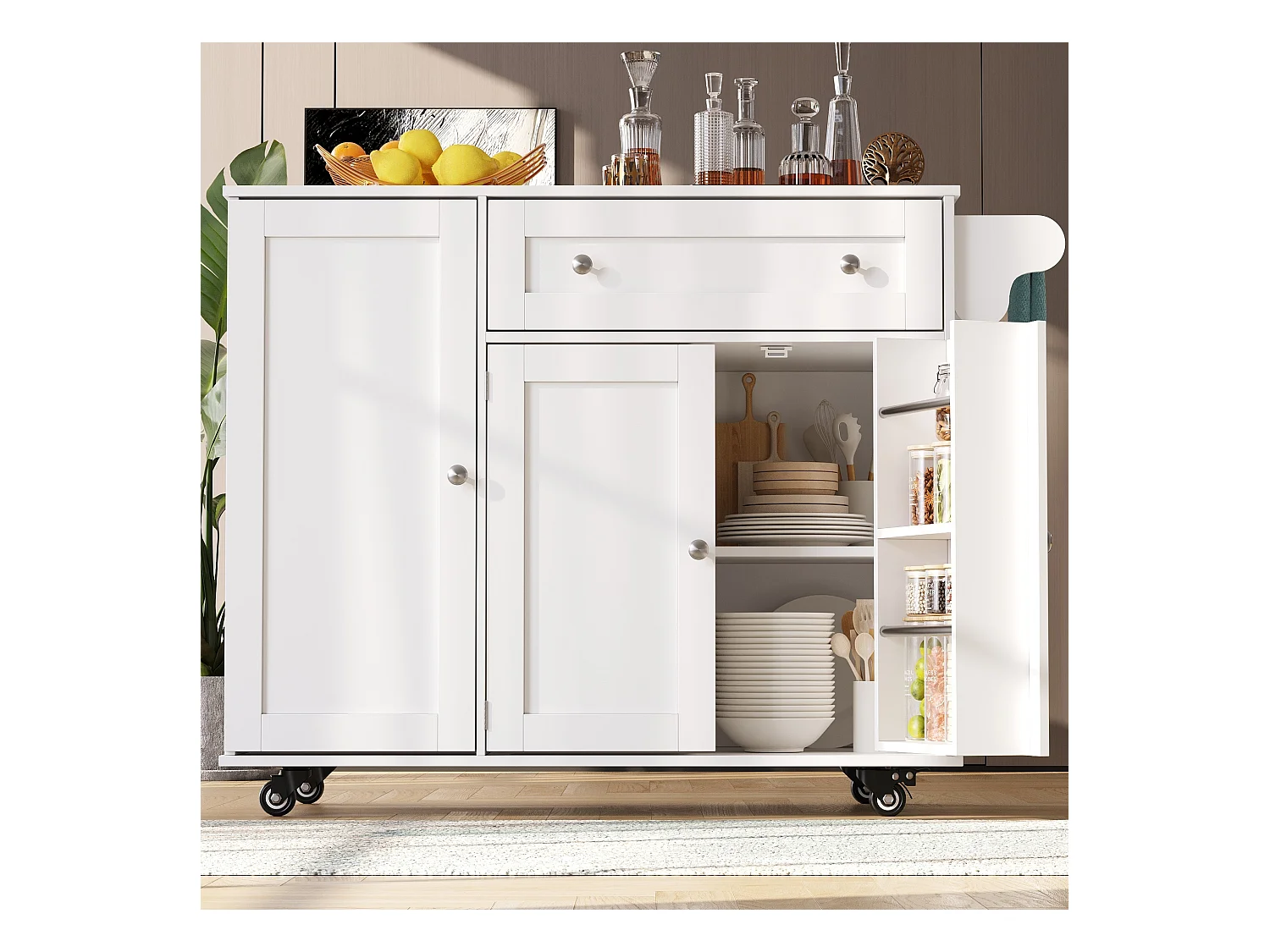 Isla de cocina móvil - Isla de cocina blanca con 1 cajón y 3 puertas - tapa abatible - 4 ruedas