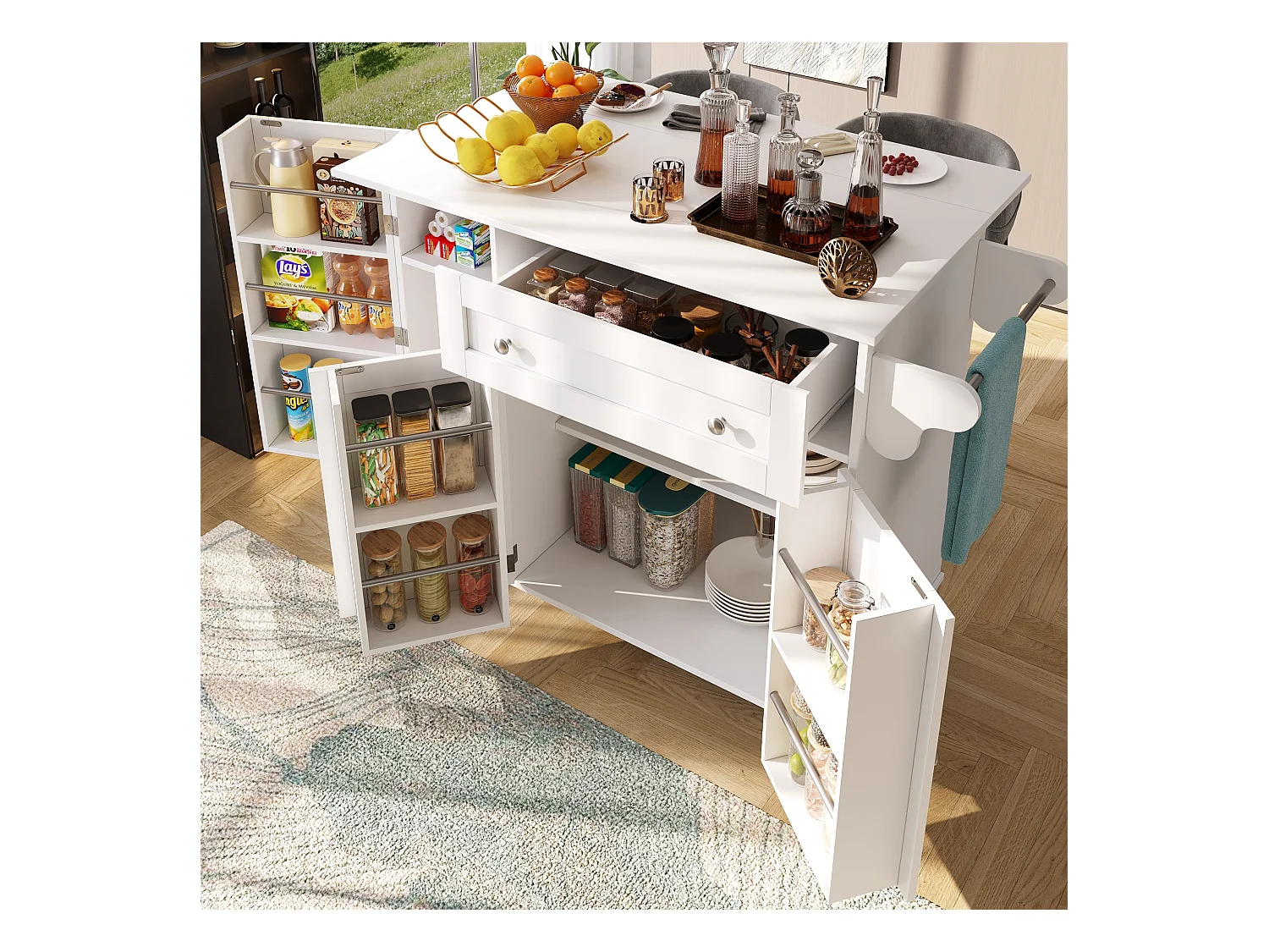 Isla de cocina móvil - Isla de cocina blanca con 1 cajón y 3 puertas - tapa abatible - 4 ruedas