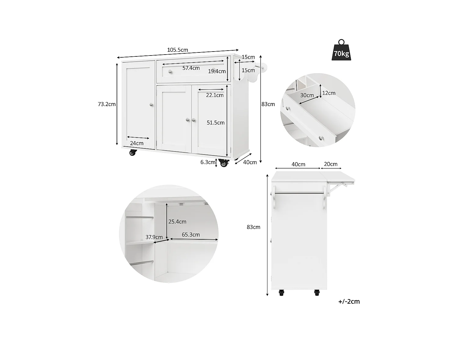 Isla de cocina móvil - Isla de cocina blanca con 1 cajón y 3 puertas - tapa abatible - 4 ruedas