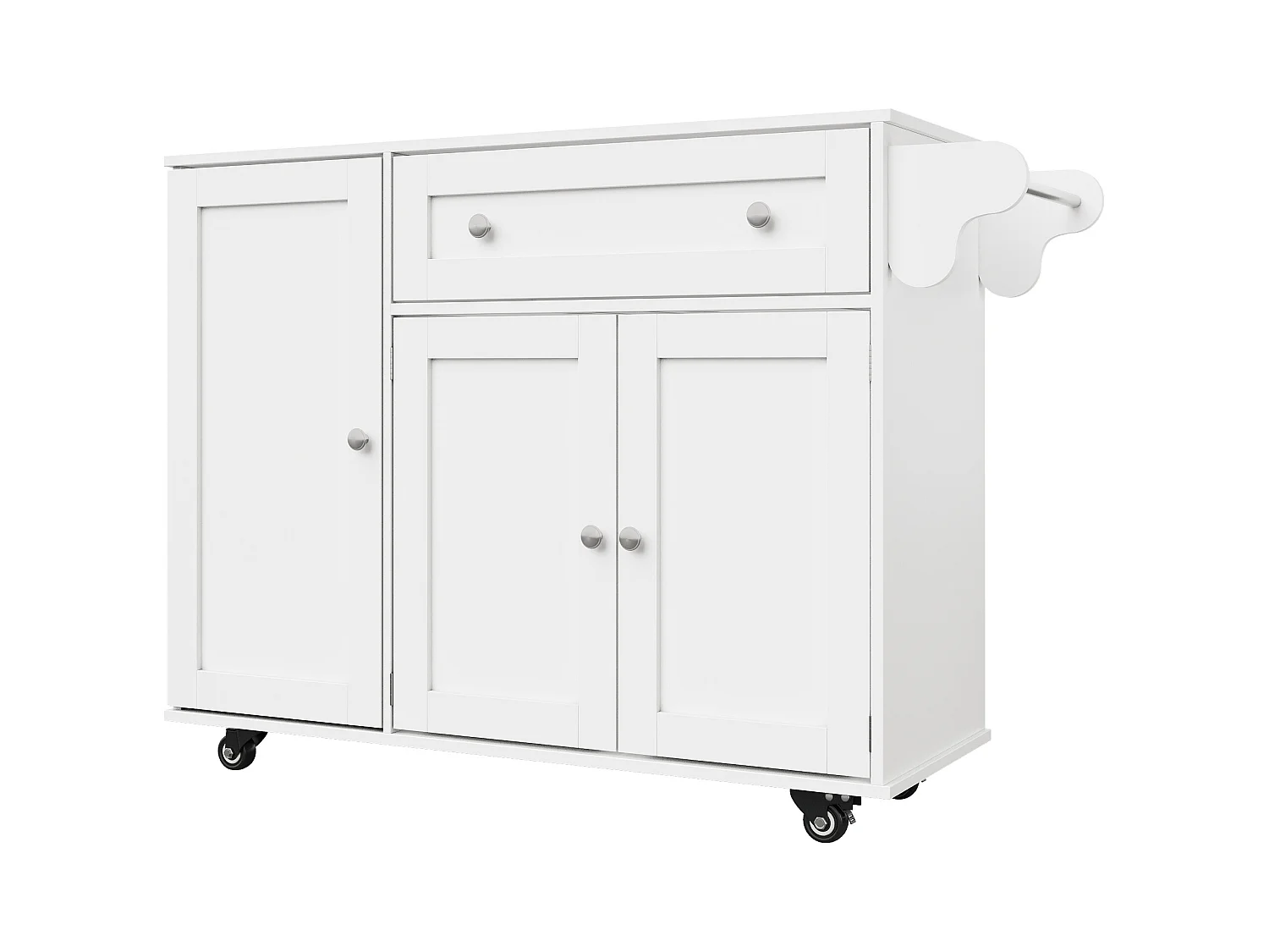 Isla de cocina móvil - Isla de cocina blanca con 1 cajón y 3 puertas - tapa abatible - 4 ruedas