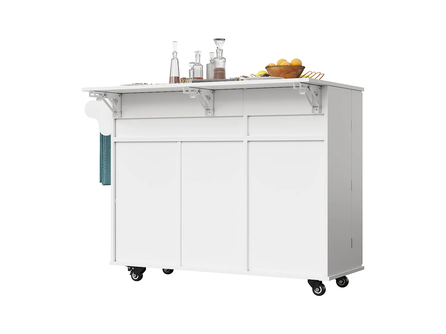 Isla de cocina móvil - Isla de cocina blanca con 1 cajón y 3 puertas - tapa abatible - 4 ruedas