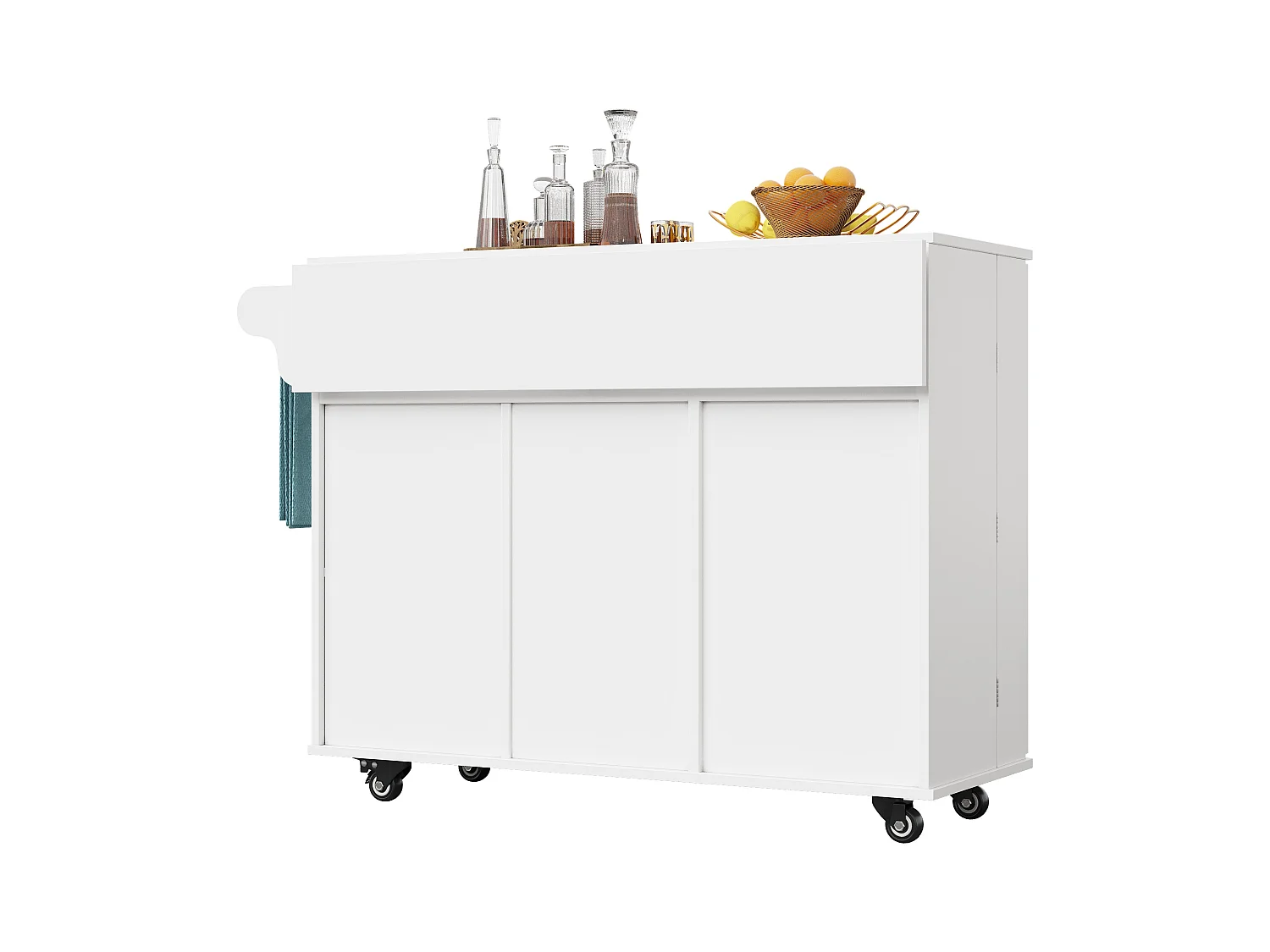Isla de cocina móvil - Isla de cocina blanca con 1 cajón y 3 puertas - tapa abatible - 4 ruedas
