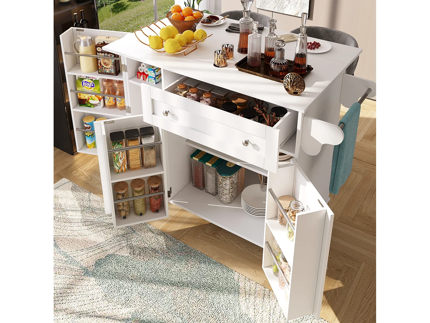 Desserte de cuisine mobile - Îlot de cuisine blanc avec 1 tiroir et 3 portes - plateau rabattable - 4 roulettes