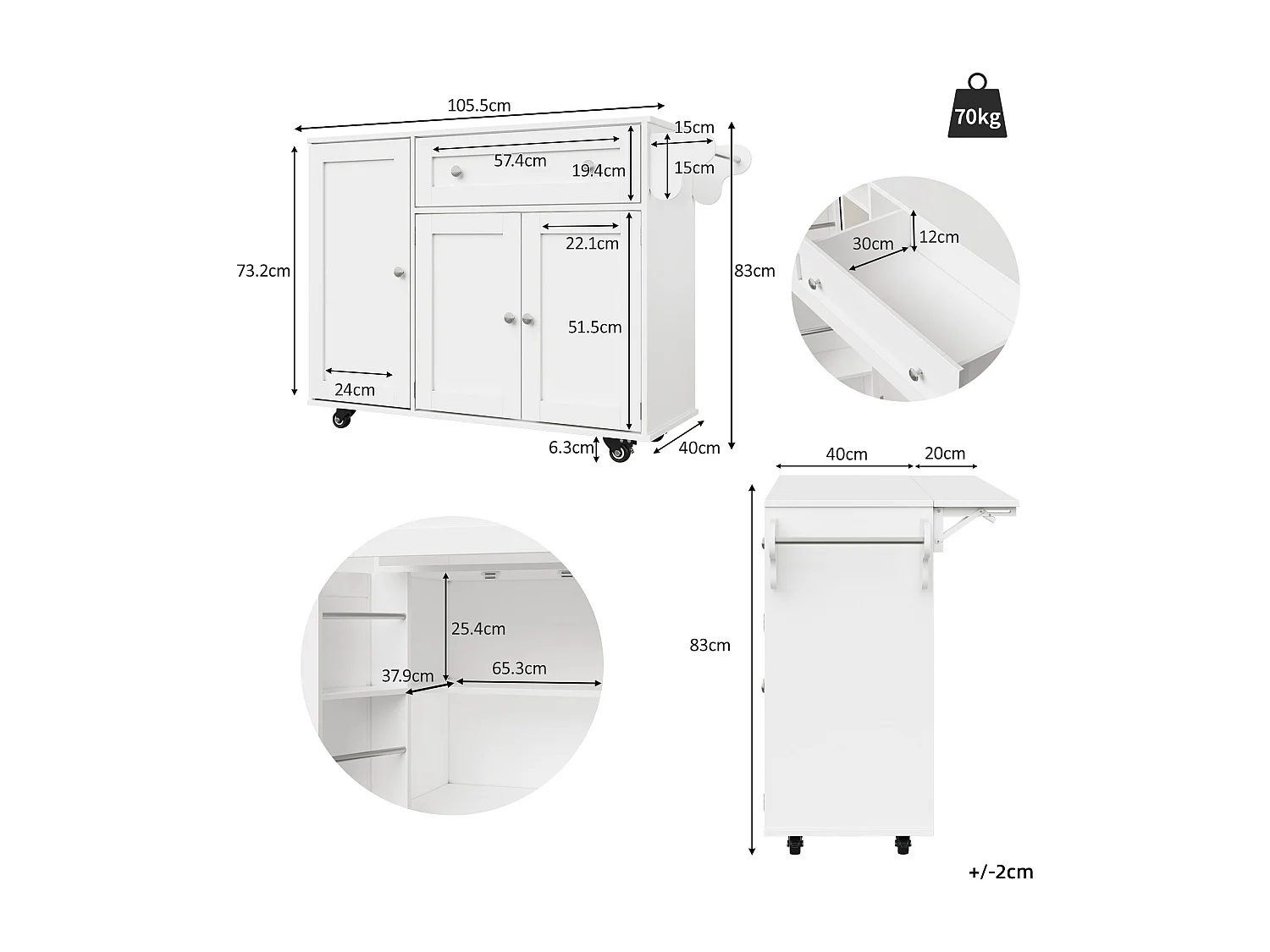 Desserte de cuisine mobile - Îlot de cuisine blanc avec 1 tiroir et 3 portes - plateau rabattable - 4 roulettes