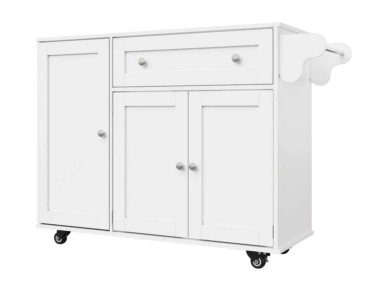Desserte de cuisine mobile - Îlot de cuisine blanc avec 1 tiroir et 3 portes - plateau rabattable - 4 roulettes
