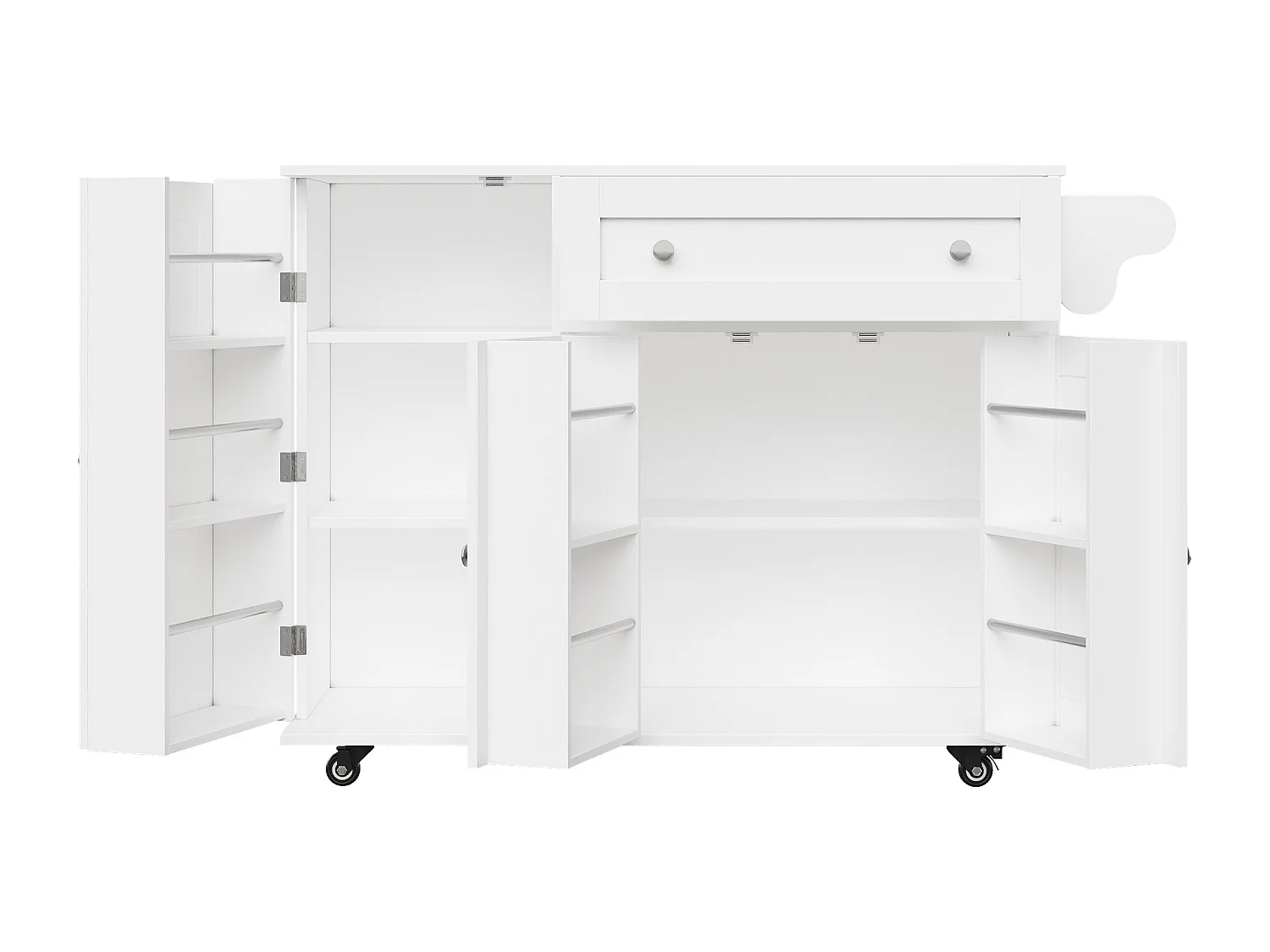 Desserte de cuisine mobile - Îlot de cuisine blanc avec 1 tiroir et 3 portes - plateau rabattable - 4 roulettes
