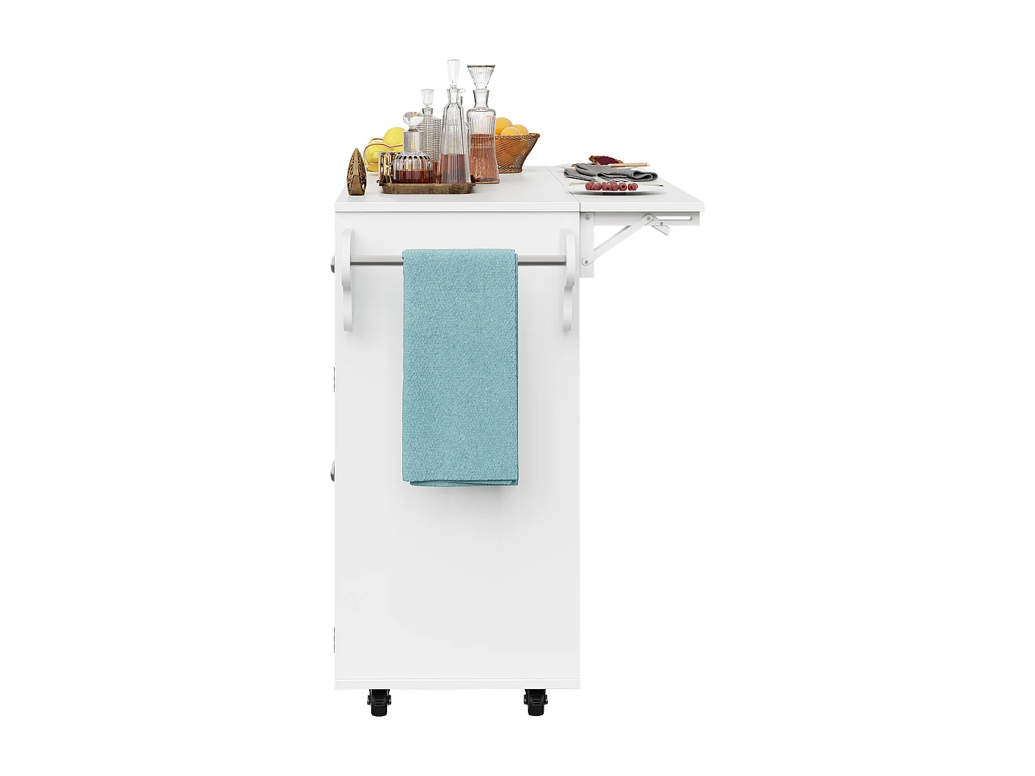 Desserte de cuisine mobile - Îlot de cuisine blanc avec 1 tiroir et 3 portes - plateau rabattable - 4 roulettes