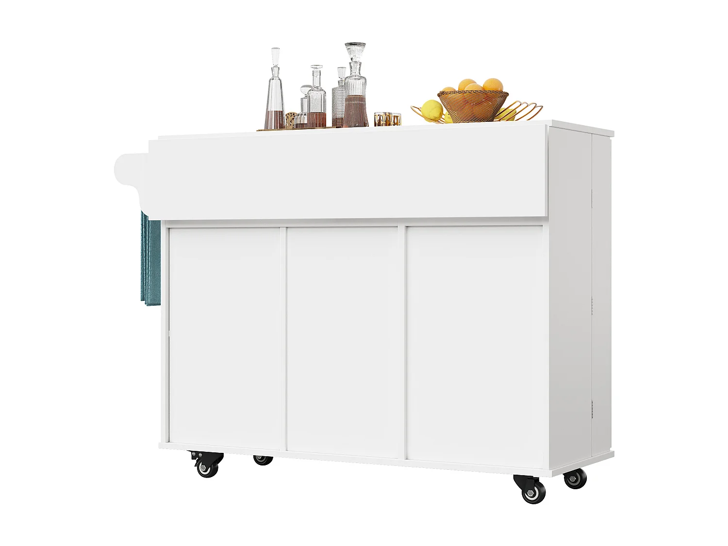 Desserte de cuisine mobile - Îlot de cuisine blanc avec 1 tiroir et 3 portes - plateau rabattable - 4 roulettes