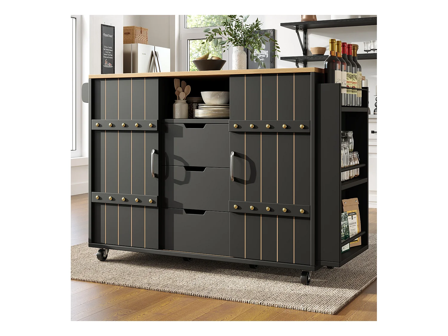 Desserte de cuisine mobile - Îlot de cuisine noir avec porte coulissante et roulettes - plan de travail pliable - 3 tiroirs