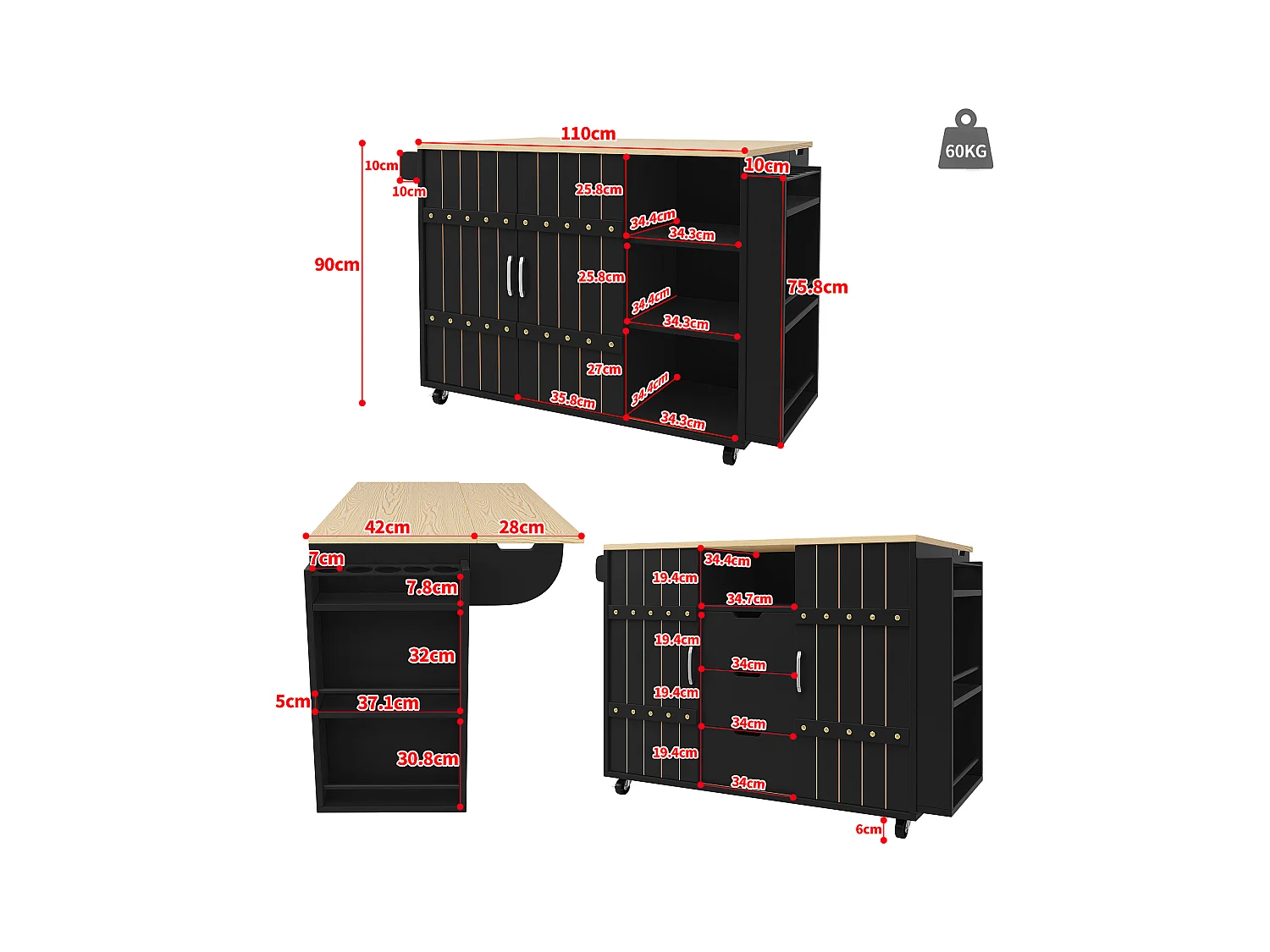 Desserte de cuisine mobile - Îlot de cuisine noir avec porte coulissante et roulettes - plan de travail pliable - 3 tiroirs