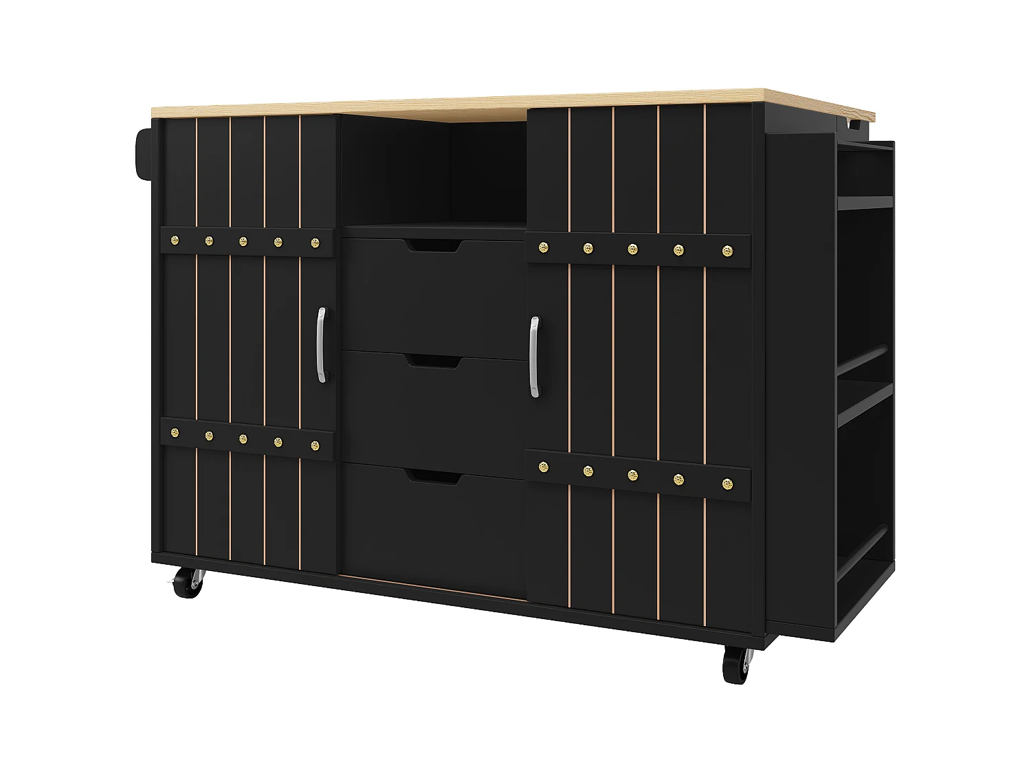 Desserte de cuisine mobile - Îlot de cuisine noir avec porte coulissante et roulettes - plan de travail pliable - 3 tiroirs