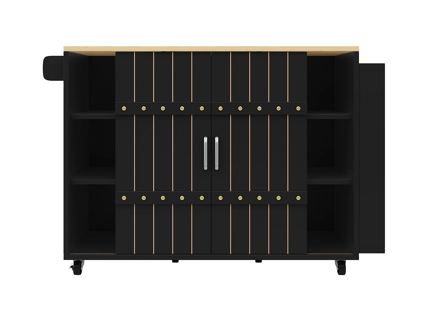 Desserte de cuisine mobile - Îlot de cuisine noir avec porte coulissante et roulettes - plan de travail pliable - 3 tiroirs