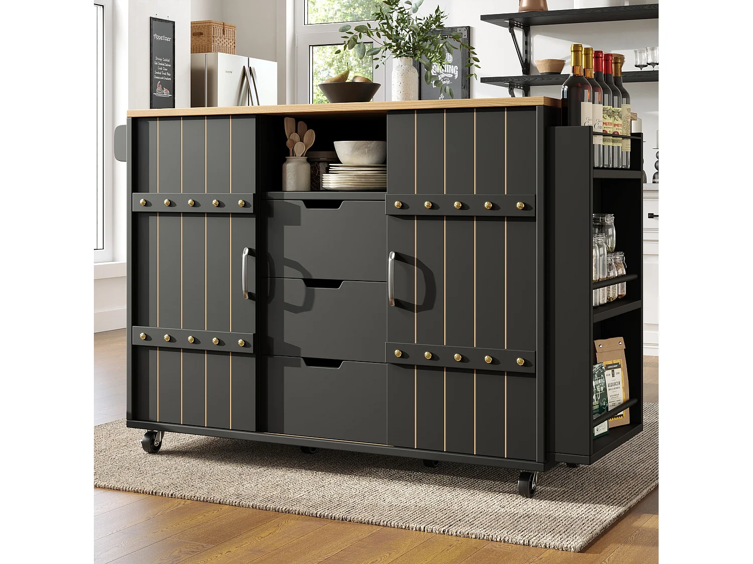 Desserte de cuisine mobile - Îlot de cuisine noir avec porte coulissante et roulettes - plan de travail pliable - 3 tiroirs