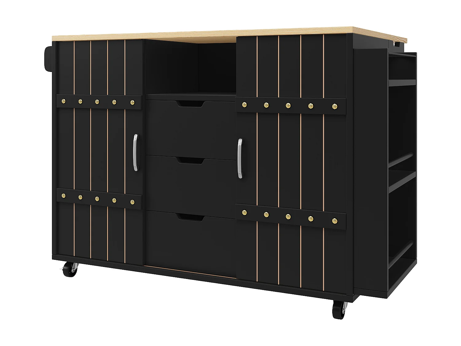 Desserte de cuisine mobile - Îlot de cuisine noir avec porte coulissante et roulettes - plan de travail pliable - 3 tiroirs