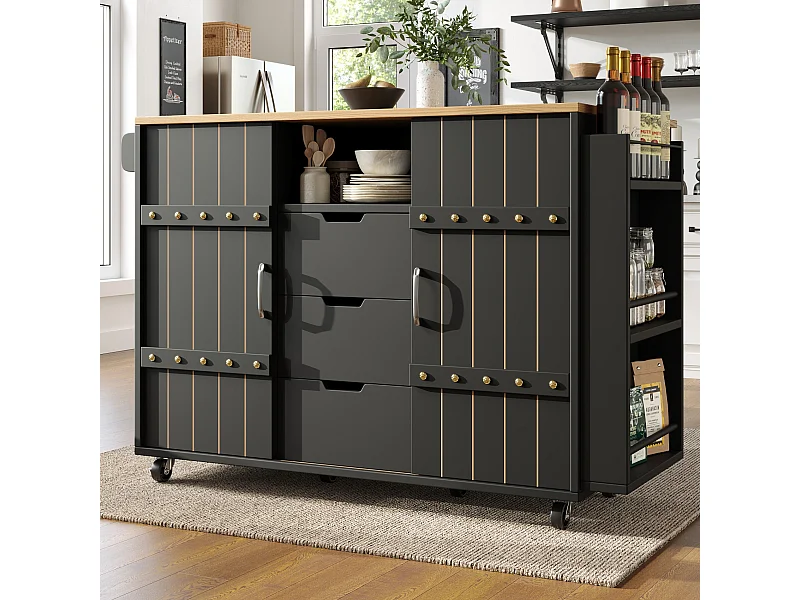 Carrinho de cozinha móvel - Ilha de cozinha preta com porta de correr e rodízios - bancada rebatível - 3 gavetas