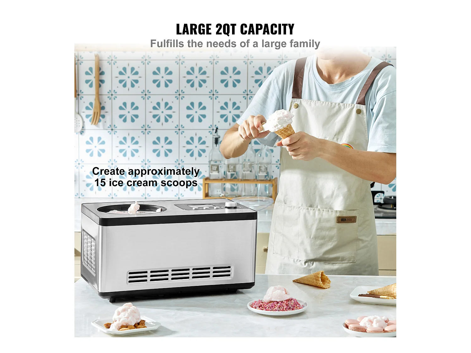 Sorbetière Automatique SucceBuy de 2 L, Sorbetière Électrique en Acier Inoxydable, Machine à Glace à 3 Modes avec Écran LCD et Minuterie, Argent