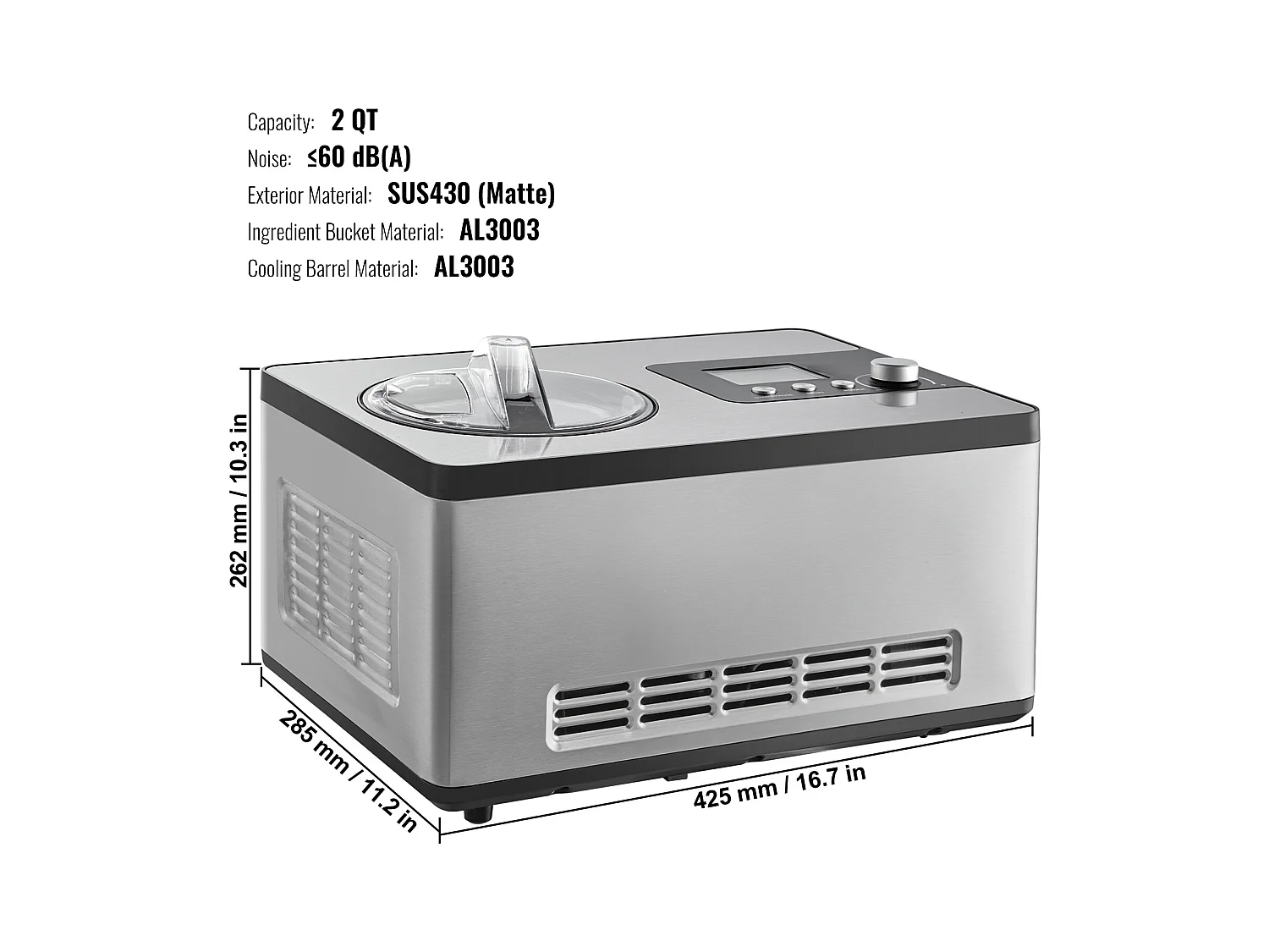 Sorbetière Automatique SucceBuy de 2 L, Sorbetière Électrique en Acier Inoxydable, Machine à Glace à 3 Modes avec Écran LCD et Minuterie, Argent