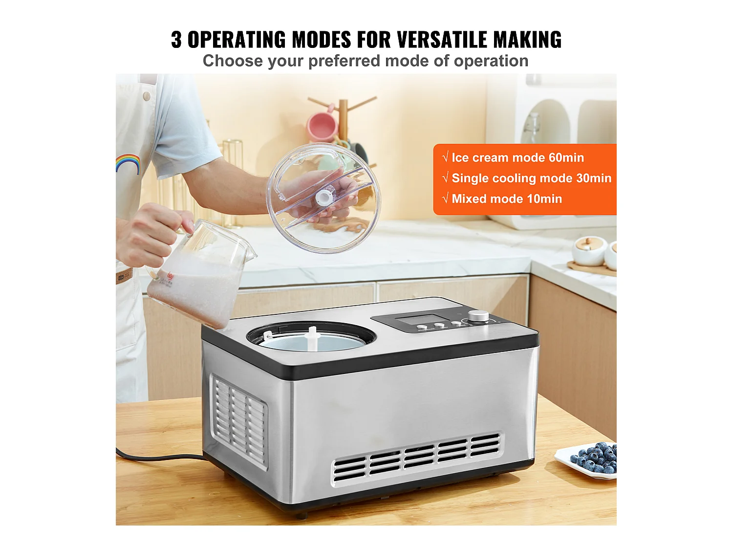 Sorbetière Automatique SucceBuy de 2 L, Sorbetière Électrique en Acier Inoxydable, Machine à Glace à 3 Modes avec Écran LCD et Minuterie, Argent