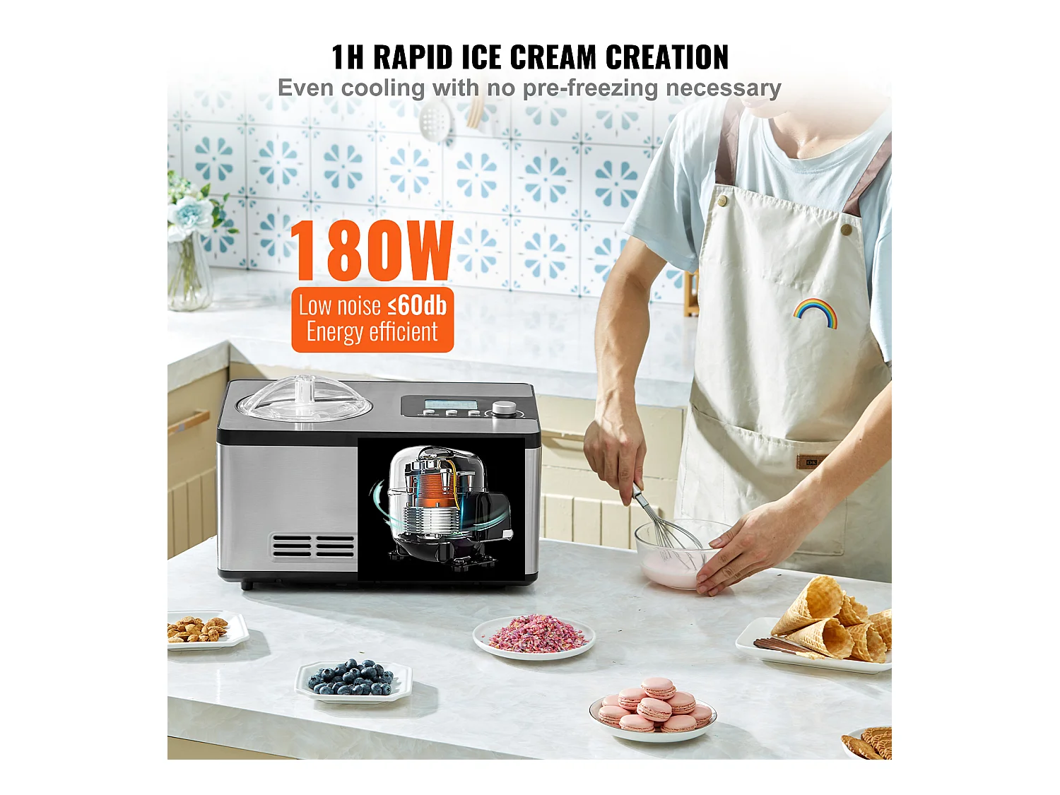 Sorbetière Automatique SucceBuy de 2 L, Sorbetière Électrique en Acier Inoxydable, Machine à Glace à 3 Modes avec Écran LCD et Minuterie, Argent