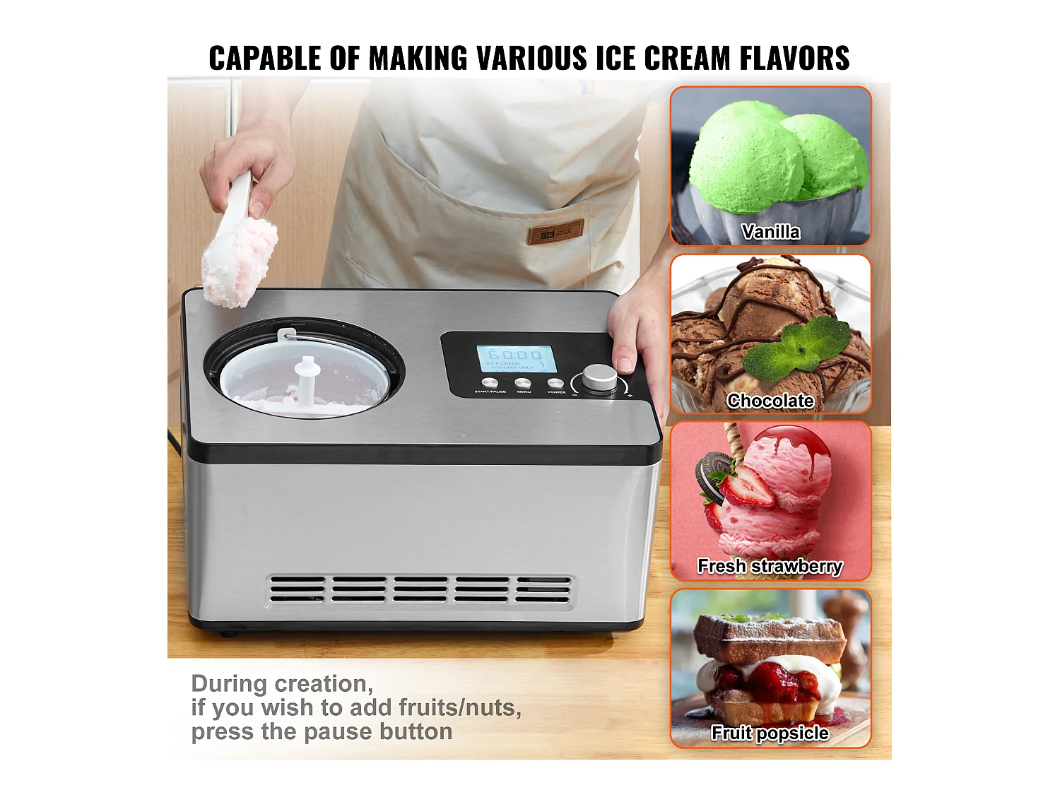 Sorbetière Automatique SucceBuy de 2 L, Sorbetière Électrique en Acier Inoxydable, Machine à Glace à 3 Modes avec Écran LCD et Minuterie, Argent