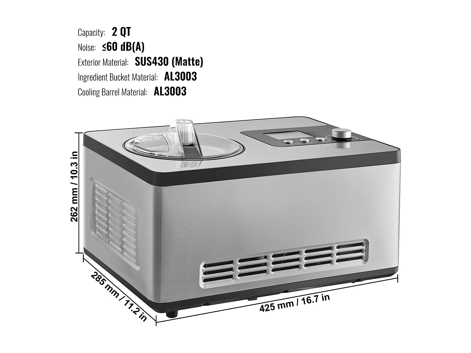Automatische IJsmachine SucceBuy van 2 L, Elektrische IJsmachine van RVS, IJsmachine met 3 Modussen met LCD-Scherm en Timer, Zilver