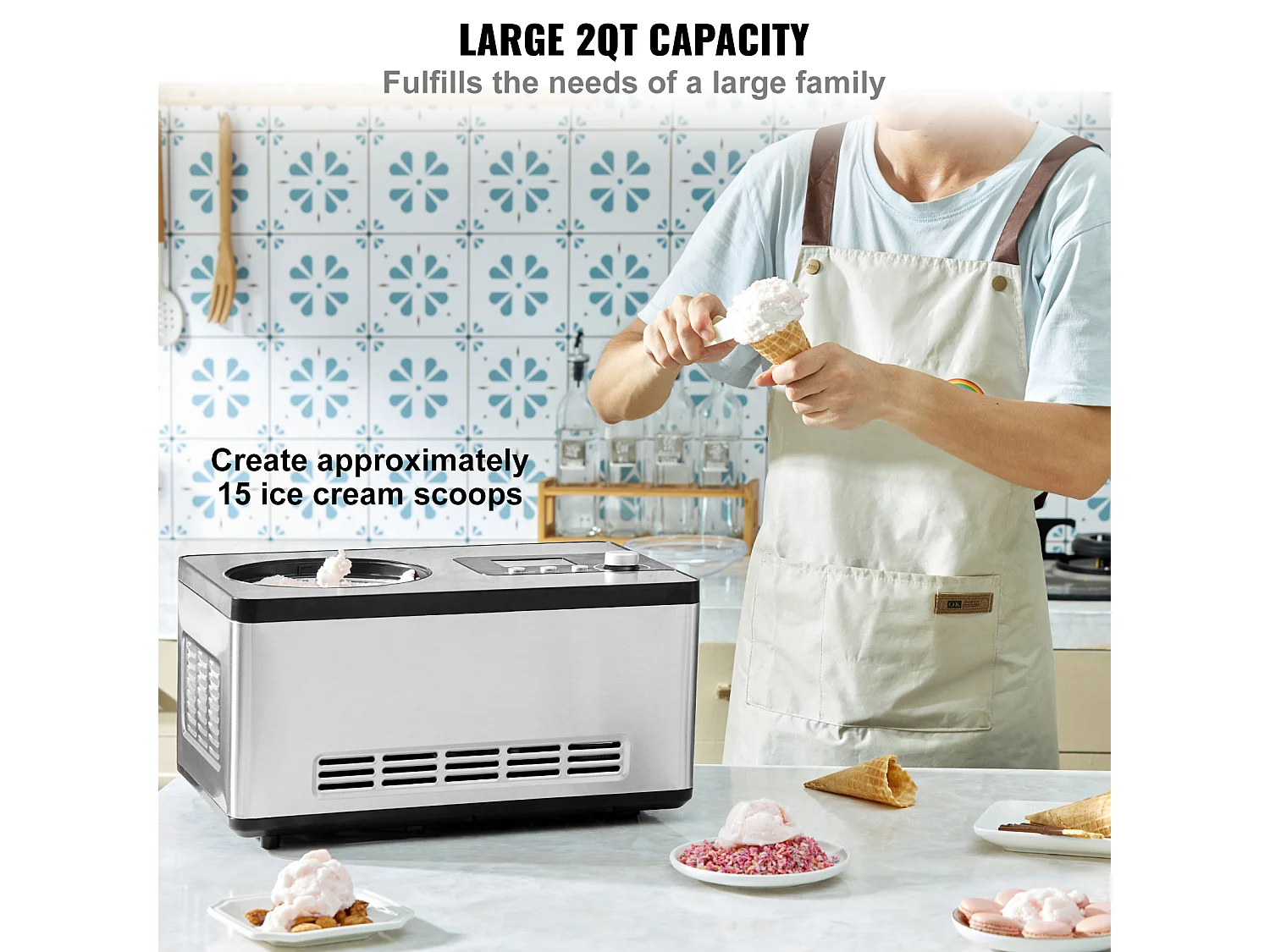 Automatische IJsmachine SucceBuy van 2 L, Elektrische IJsmachine van RVS, IJsmachine met 3 Modussen met LCD-Scherm en Timer, Zilver